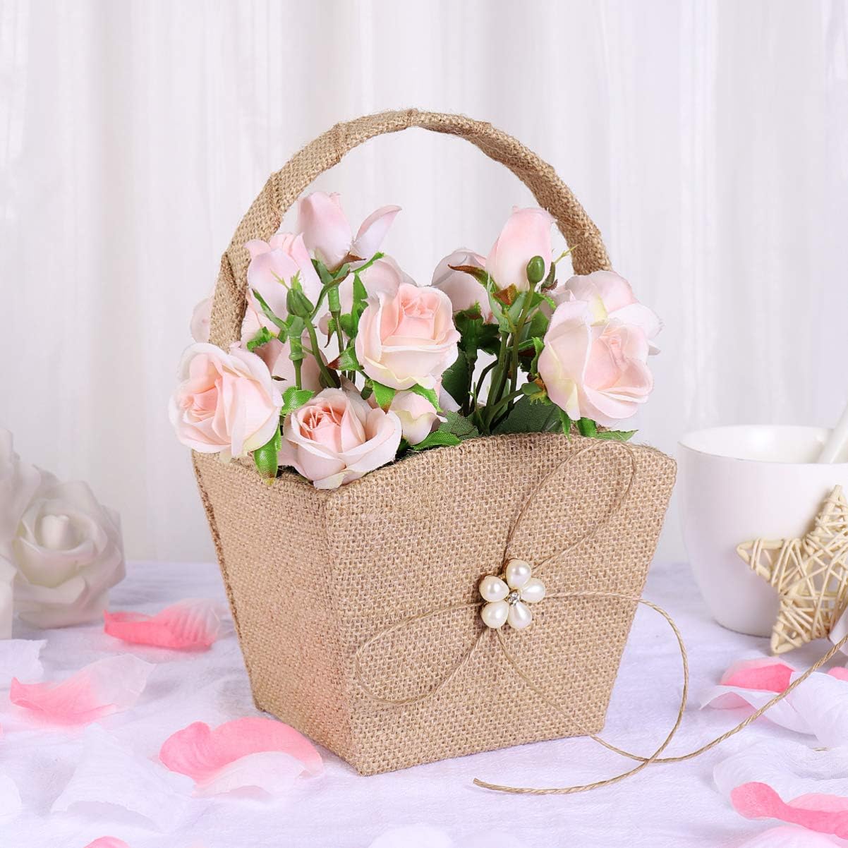Burlap Flower Girl Baskets Wedding Pearl Flower Girl Basket with Lace Bowknot for Vintage Rustic Wedding Ceremony