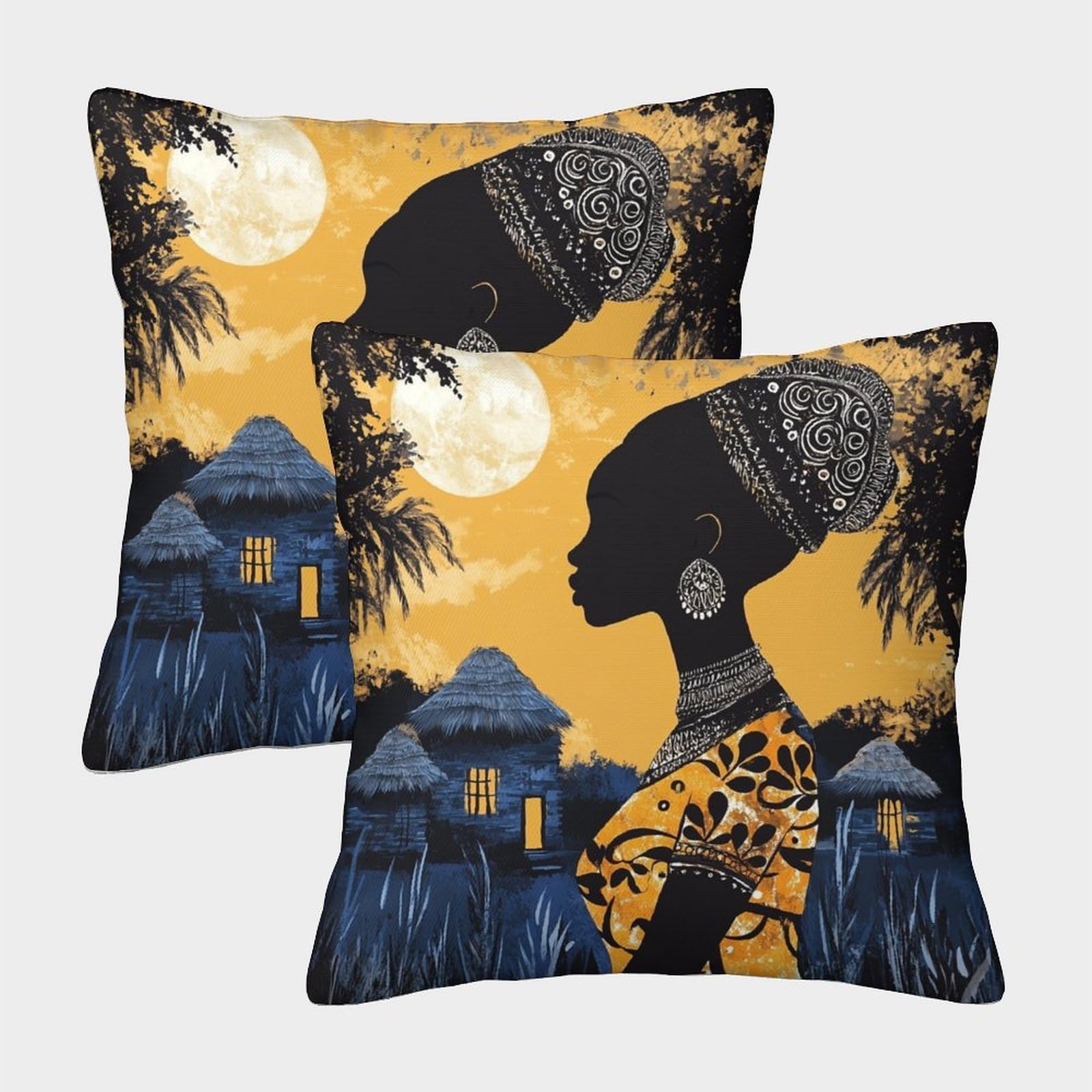 kaiyun 2 Pack African Woman, Hut,Simian Style Personalised Cushion Cover Home Sofa Decoration 40x40cm Pillow Covers