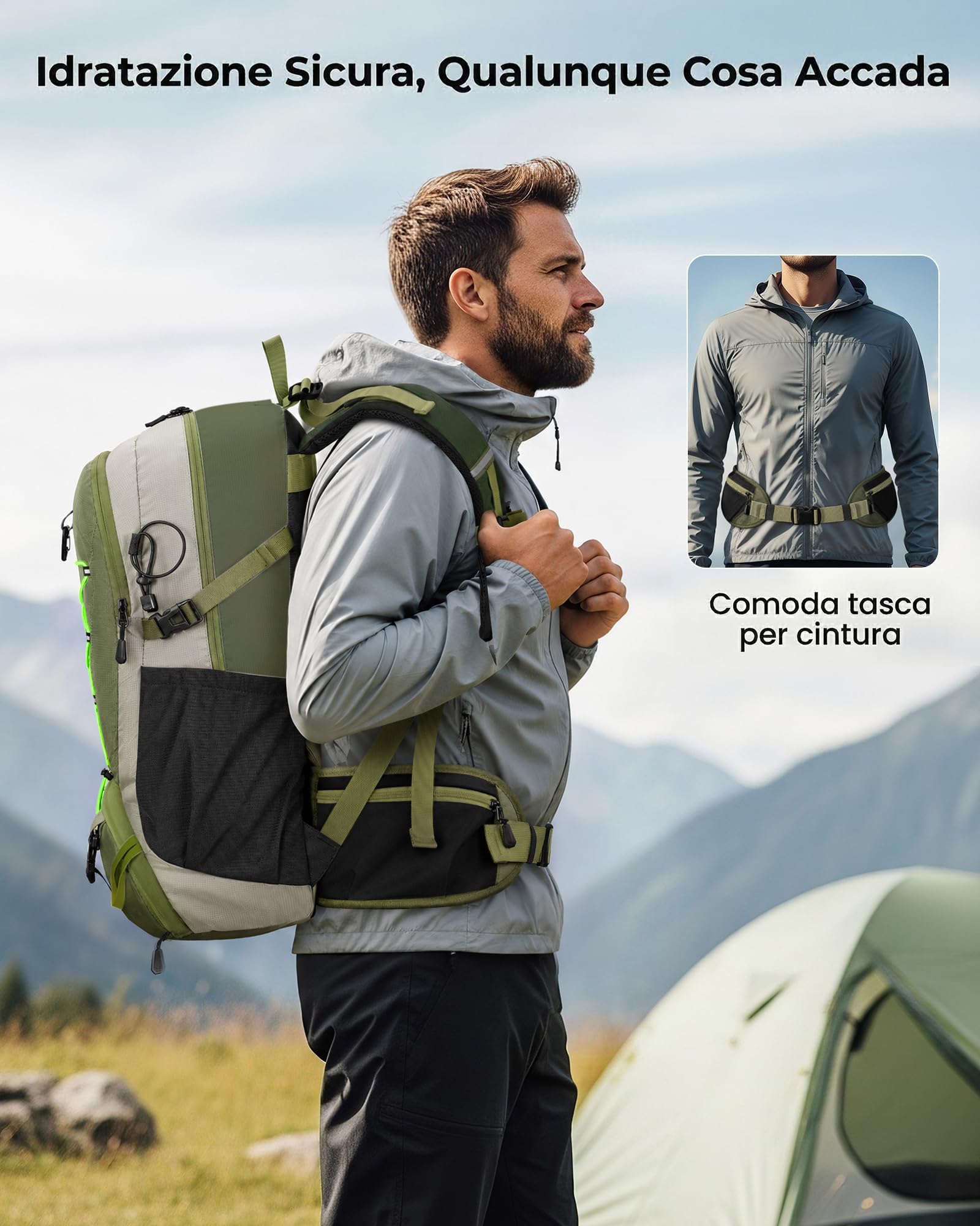 MATEIN Zaino Trekking 40L Uomo Donna, Scomparto Scarpe e Cintura Lombare | Zaino da Trekking Leggero, Include Copertura Antipioggia, per Hiking, Escursionismo, Campeggio e Outdoor, Verde militare