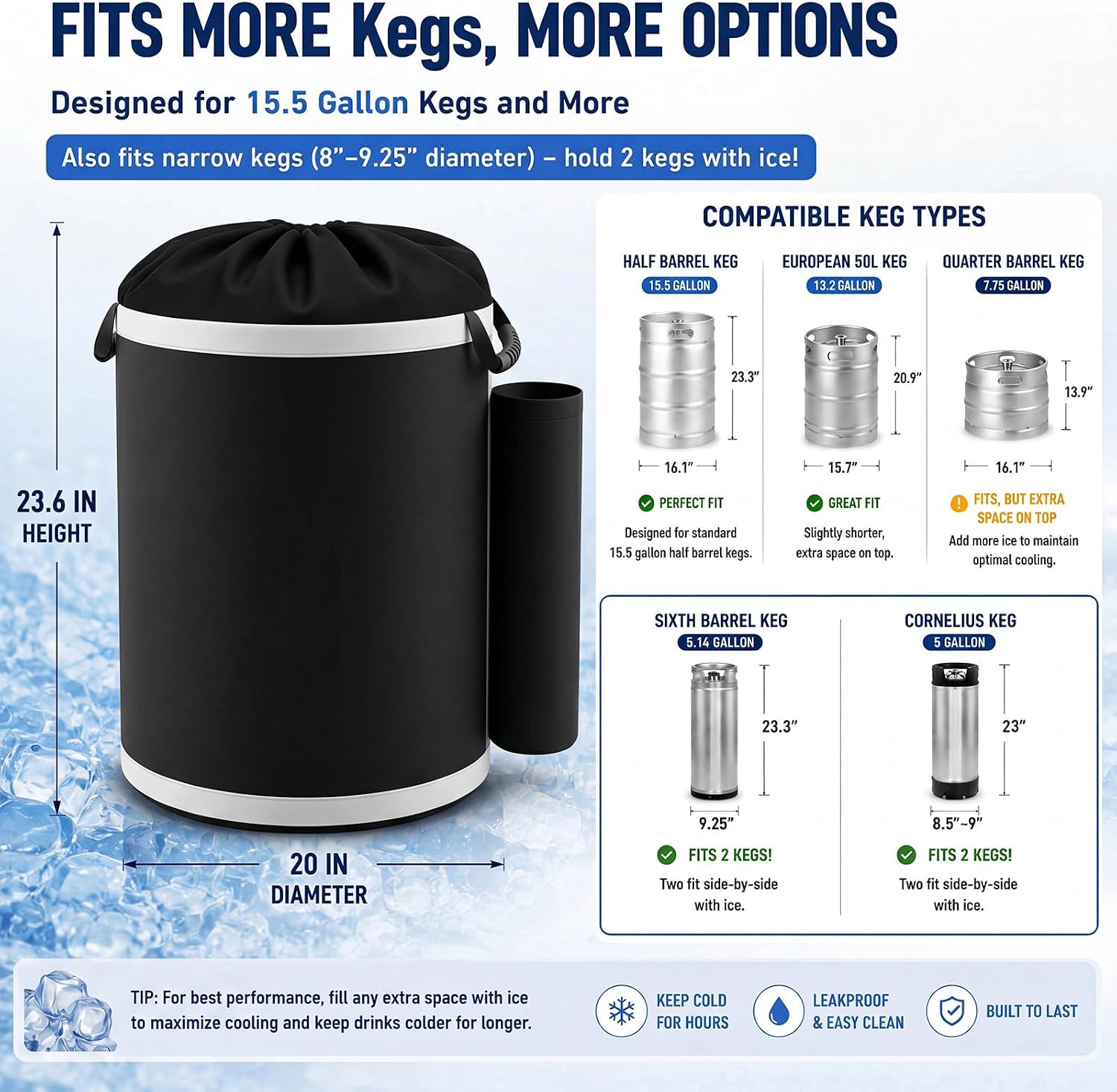 15.5 Gallon Cooler Sleeve for Insulator Keg, 20 x 20 x 23.6 in Cooler Bag with Ice Pack Pockets Dual Handles and Cup Holder for Bucket Tub, Fermentation Brewing, Neoprene