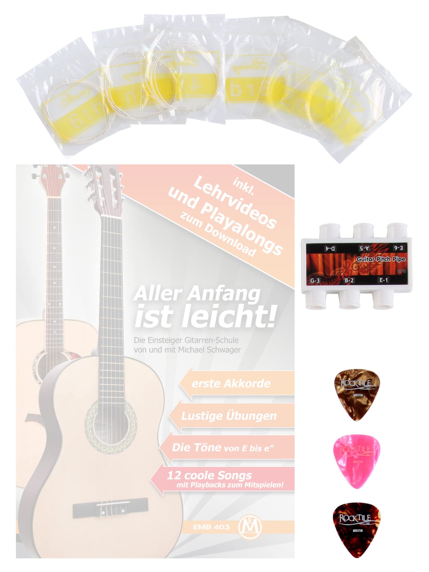 Classic Cantabile AS-851 1/2 Guitarra Clásica de Concierto Set para Principiantes con guitarra, funda gigbag, cuerdas nylon, libro/curso, 3 púas y afinador de silbato.