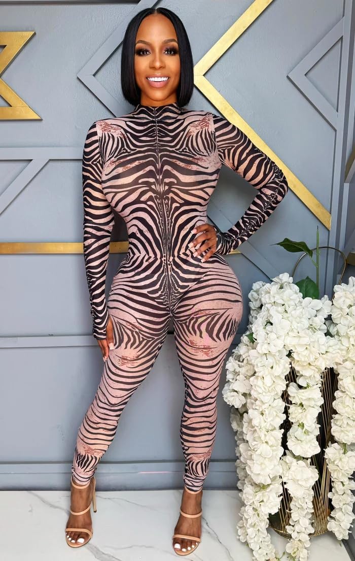 NIFTRIRY One Jumpsuit for Women Long Sleeve Zebra Print Sheer Bodycon Jumpsuit for Women Sexy Romper Club Outfits - Image 4