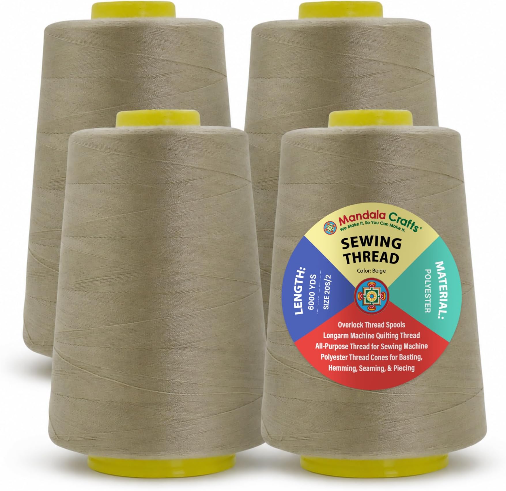 Mandala Crafts 4 Pack of Serger Threads Cones Spools - 20S/2 24000 Yards Polyester Beige Threads for Sergers Machine and Overlock Quilting Sewing Machine