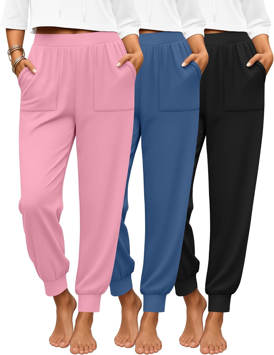 3 Pack Women's Lounge Joggers High Waist Yoga Pants Athletic Workout Pajama Comfy Tapered Sweatpants with Pockets