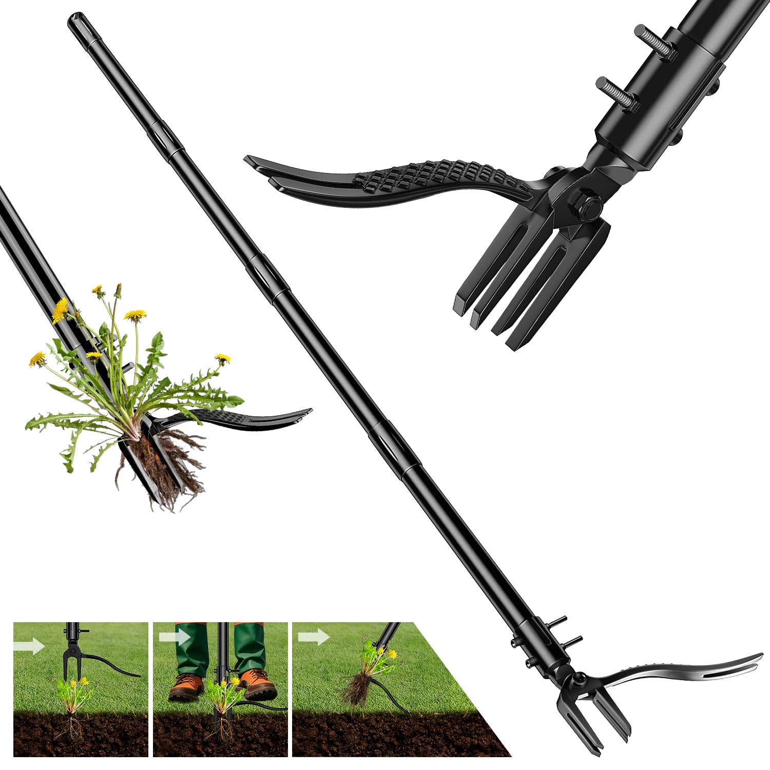 Weed Puller Tool, Stand Up Weed Puller with 4-Claw and 64" Long Handle Design, 3 Lengths of Adjustable Garden Tools, Detachable Weed Puller