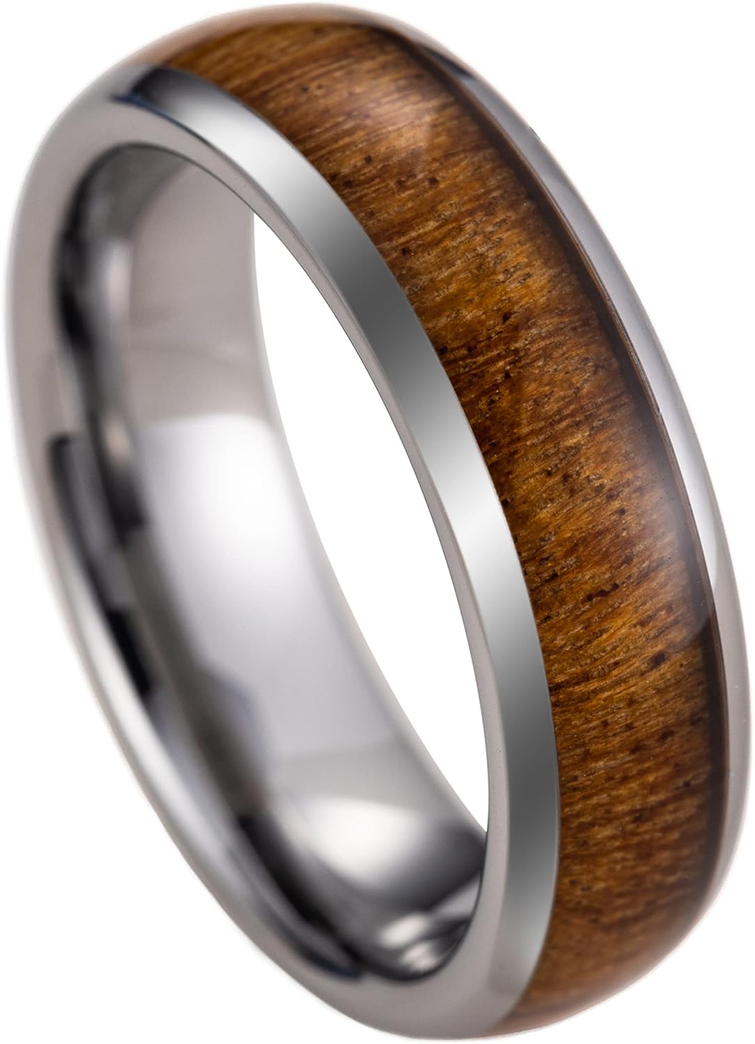 Tungsten Carbide Genuine Natural Hawaiian Koa Wood Tree Inlay Comfort Fit Ring 8mm 6mm 4mm Wedding Band Dome Style Scratch Resistant Weighted Hypoallergenic High Polished Finish with Gift Box Included