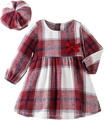Plaid Dress for Toddler Girls Long Sleeve Round Neck Christmas Holiday Flannel Dresses with Hat,Size 2-7Years