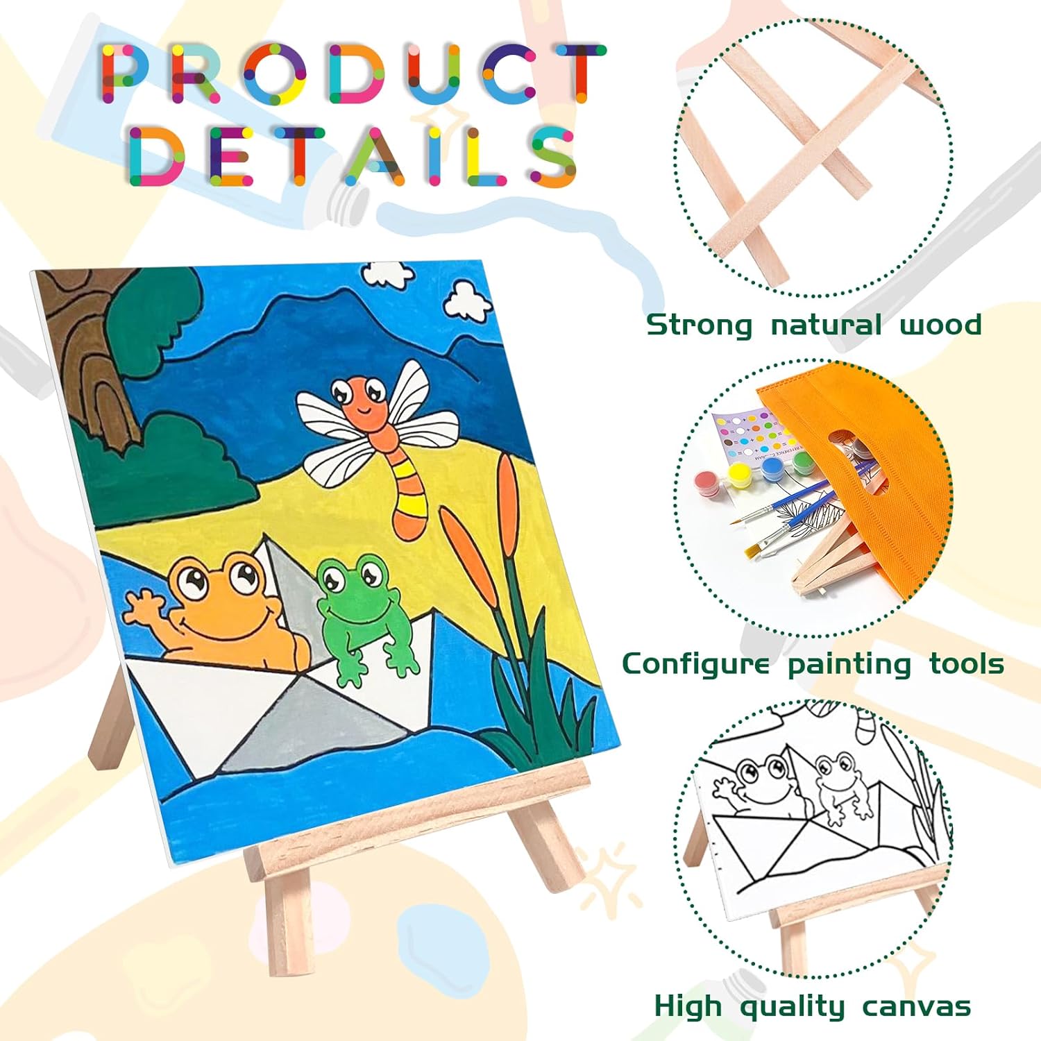 48PCS 12 Sets Printed Canvas Paint Art 12 Pcs Wooden Easel Set Paint Pots and Brushes and 12 Pre Drawn Canvas Panel 12 Pcs Mini Apron and Tote Bag for Kids(Cute)