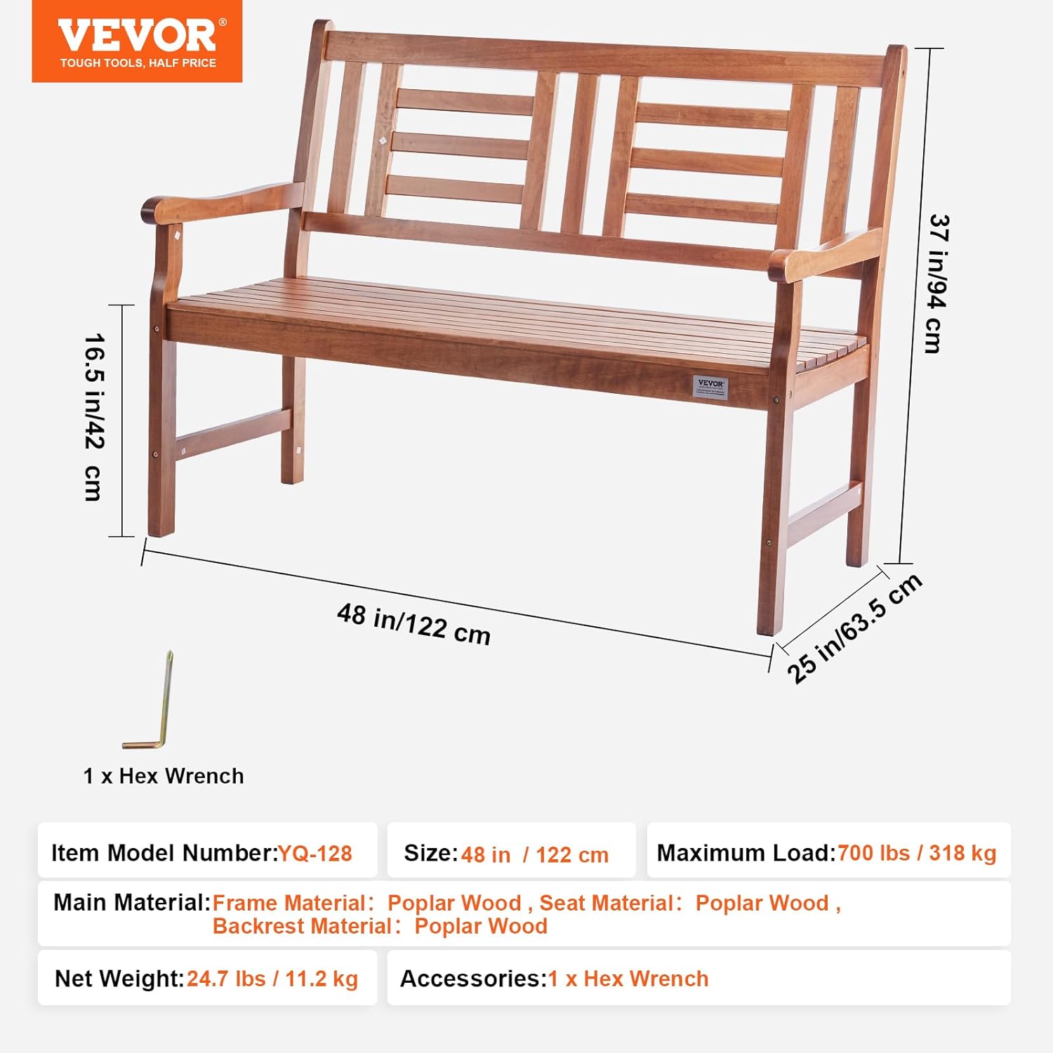 VEVOR Wood Outdoor Bench, 2-Person Garden Bench with Backrest and Armrests, 800 lbs Load Capacity,All-Weather Never Rot Patio Bench for Garden, Park, Yard, Front Porch