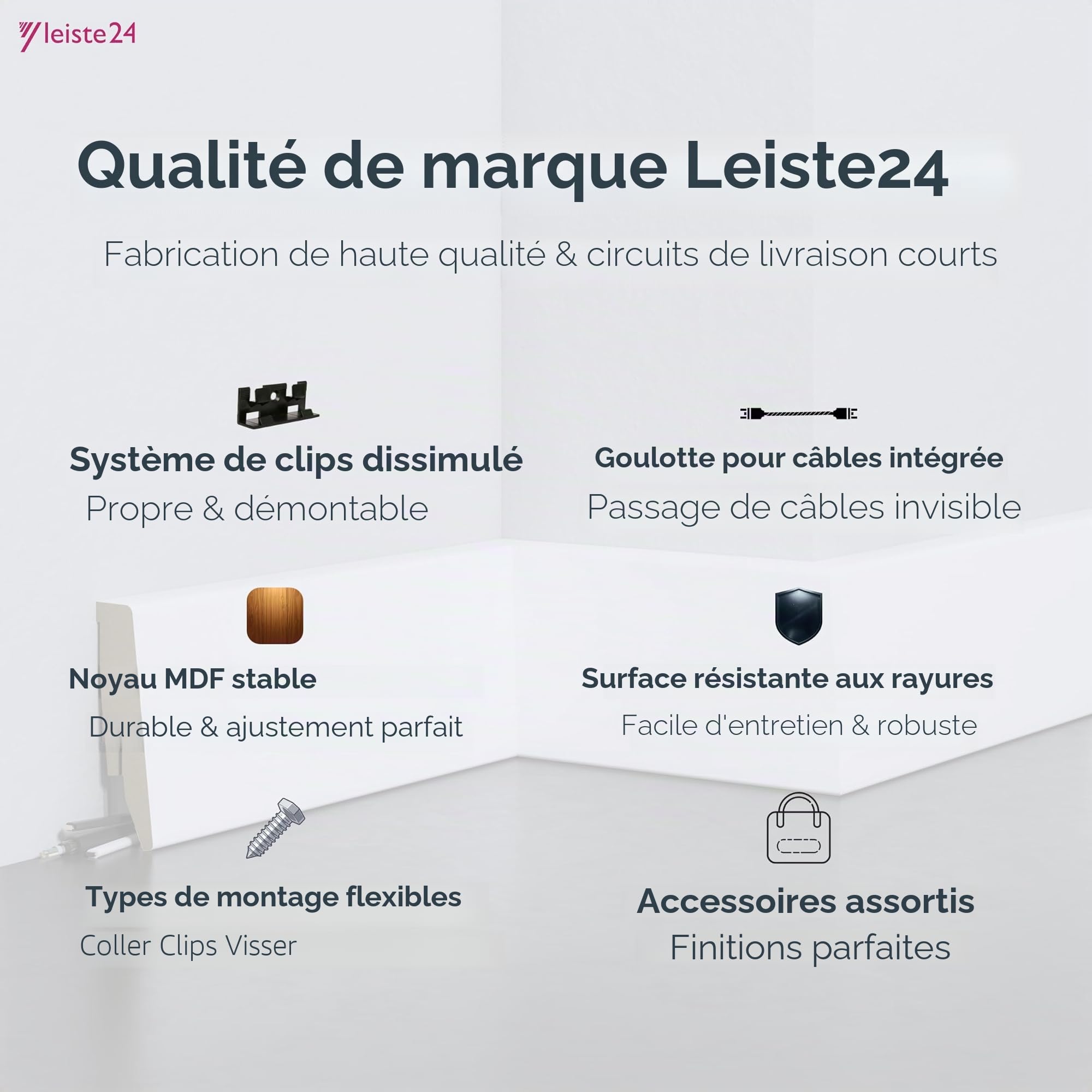 Leiste24 Lot de 10 plinthes en MDF avec chemin de câble et découpe à clip - Blanc - 26 m - 60 mm - Pour stratifié, vinyle, parquet et carrelage