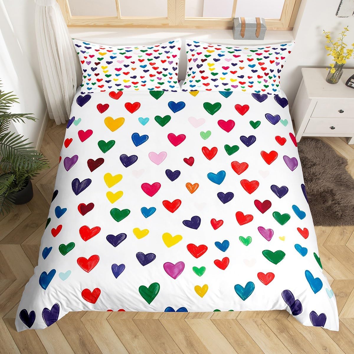 Manfei Love Duvet Cover Set Toddler Size,Colorful Cartoon Heart Bedding Set for Boys Teens,Kids Girl Toddler Watercolor Love Comforter Cover,Hand Drawn Themed Bedding Set 2 Pcs with 1 Pillowcase
