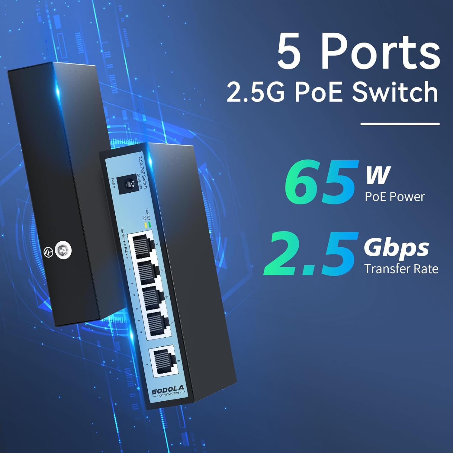 SODOLA 2.5Gb PoE Switch, 4-Port 2.5G PoE+ Unmanaged Switch with 1-Port 2.5G Uplink, 65W Total Power, IEEE802.3af/at, Plug & Play, Fanless Quiet, for IP Camera/Access Point/VoIP