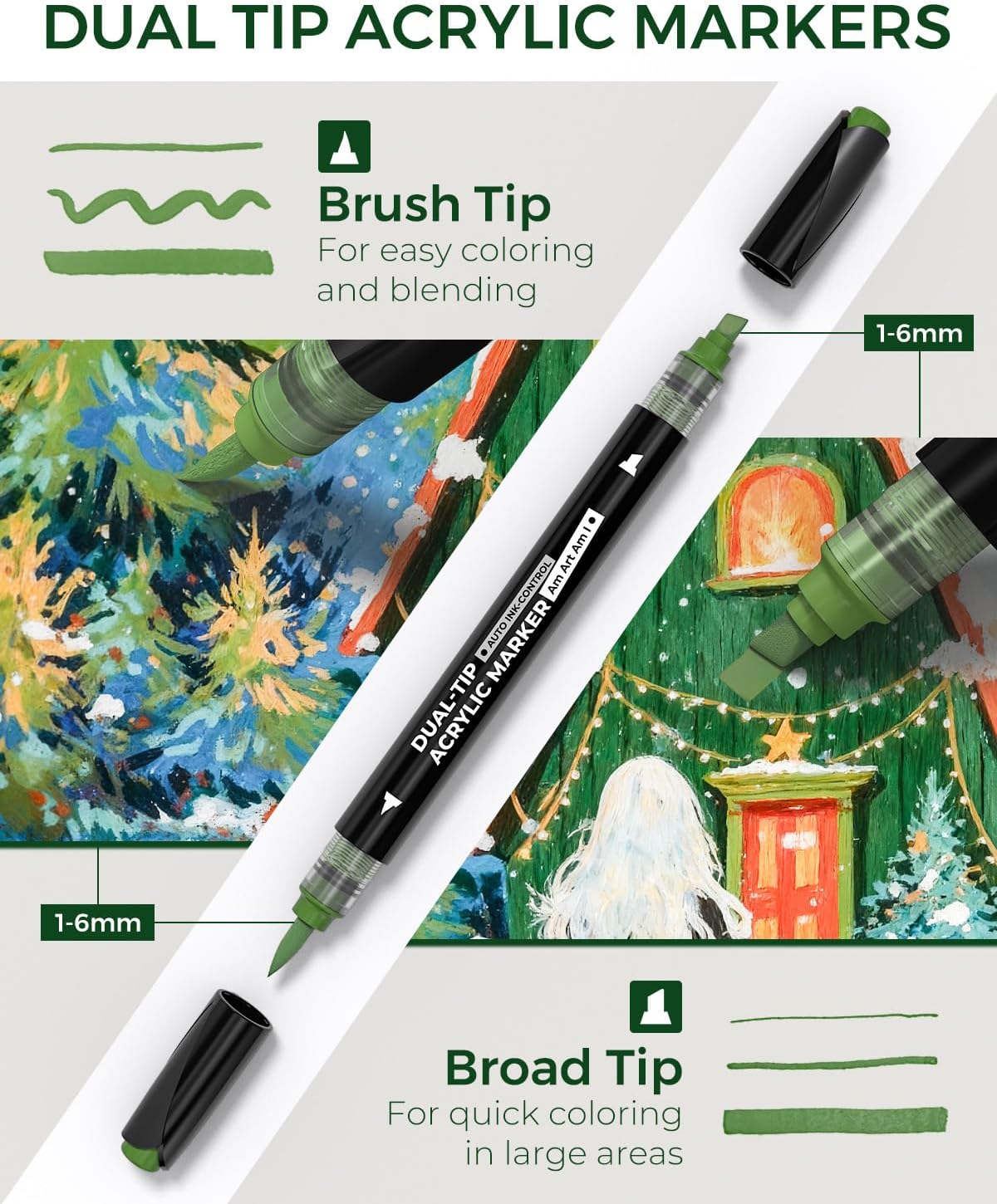 JusArt 60 Colors Automatic Ink Control Acrylic Paint Markers,Dual Tip with Broad Tip and Brush Tip Pens for Ceramic, Wood, Canvas, Glass, Stone, Fabric, DIY Crafts Art Supplies Kit for Adult - Image 2