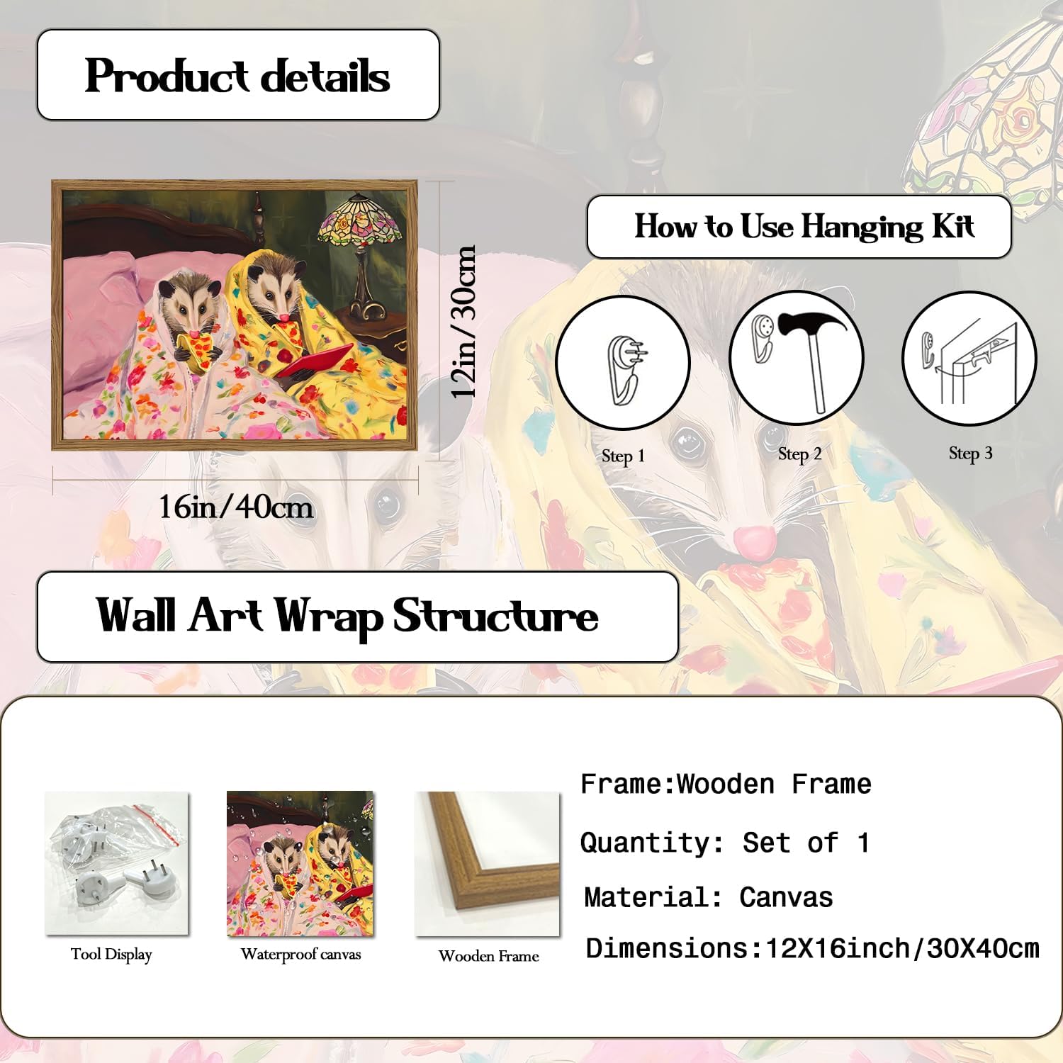 Funny Opossum Wall Art, Whimsical Animal Wall Decor Painting Cute Possum Eating Pizza in Bed Poster Canvas Prints Picture for Bedroom Living Dining Room 12x16 inch Wood Framed