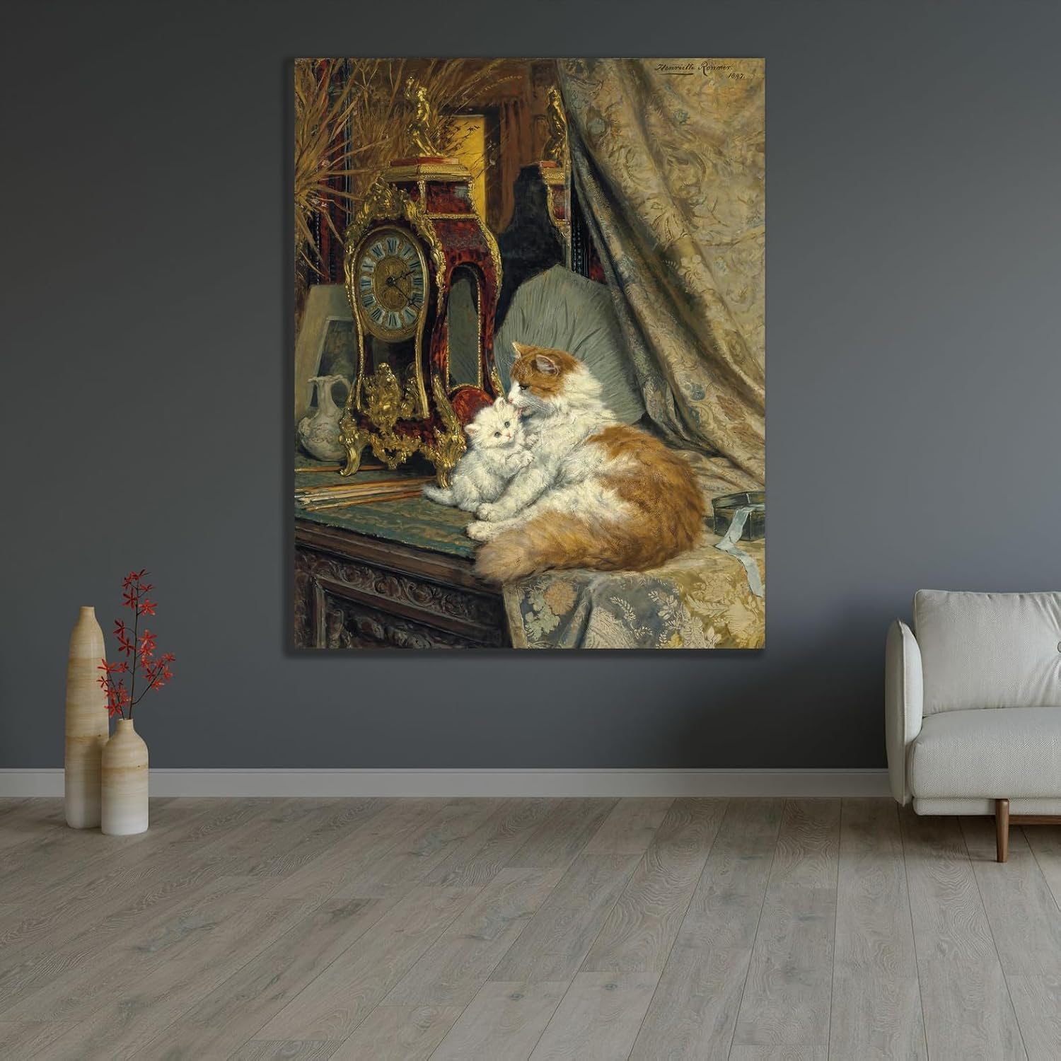 ArtDirect A Mother Cat and her Kitten with a Bracket Clock (1897) Custom Framed Art Print Giclee Print or Canvas Options with Various Sizes and Customization by Henriëtte Ronner-Knip