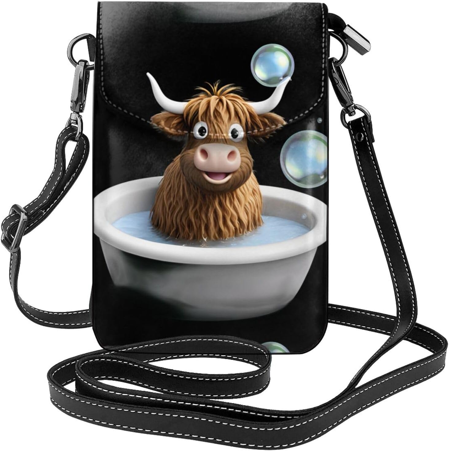 Small Cell Phone Purse 7.6x4.9in MSRHIUEF Highland cow baby taking a bath Printed Fashionable, Practical, Multifunctional Leather Crossbody Flap Phone Case for Women