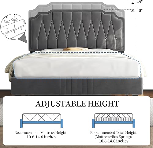Miniatura 2 de Topeakmart Base de cama matrimonial con cabecero, base de cama tapizada con cabecera de terciopelo y botones rómbicos curvos, listones de madera, no
