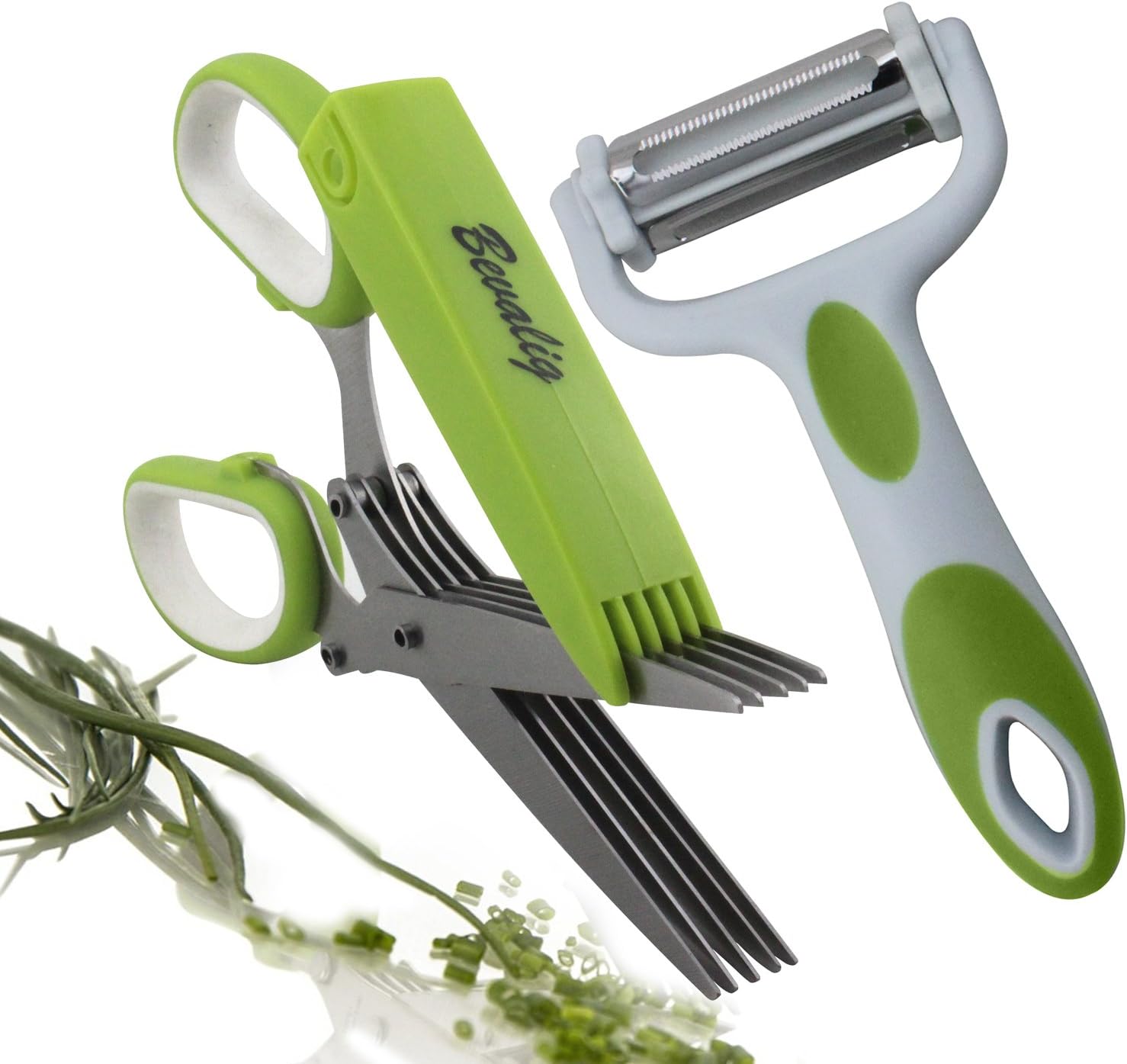 Herb Scissors And Multipurpose Peeler - 5 Sharp Blades Stainless Steel Unique cooking utensils Kitchen Shear Gadgets with Cover & Cleaning Comb - With Bonus EBook
