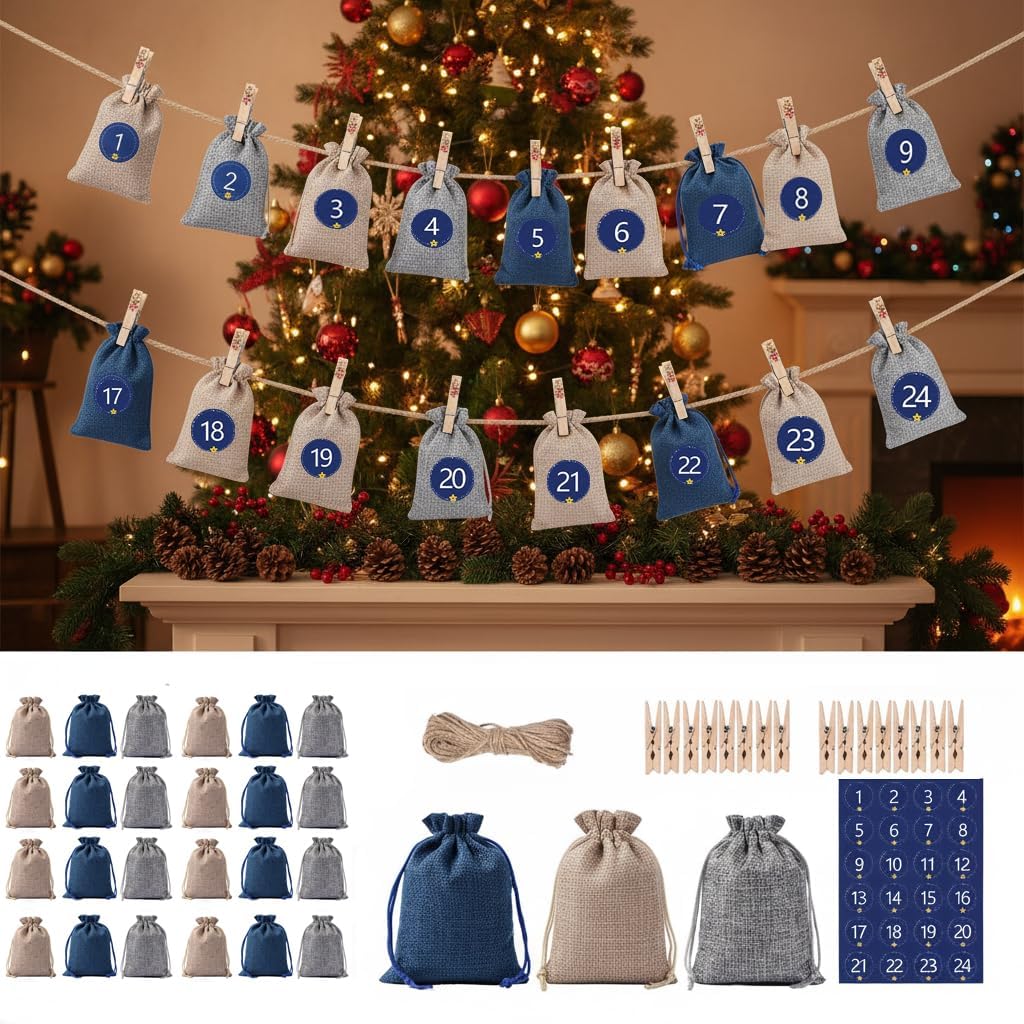 24 Advent Calendar Bags With Numbers, Christmas Burlap Gift Bags, 5x7 Inch Reusable Christmas Line Goodie Candy Bags Xmas Holiday Party Favor Pouch Small Gift Bags