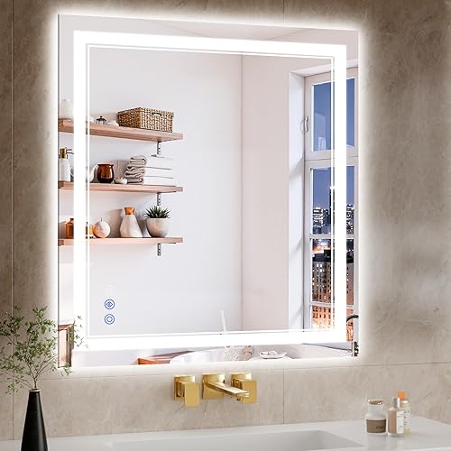 Miniatura 9 de Espejo de baño LED de 30 x 32 pulgadas con luces, antiniebla, retroiluminado + luz frontal, regulable, espejo de tocador LED para pared, 3 colores,