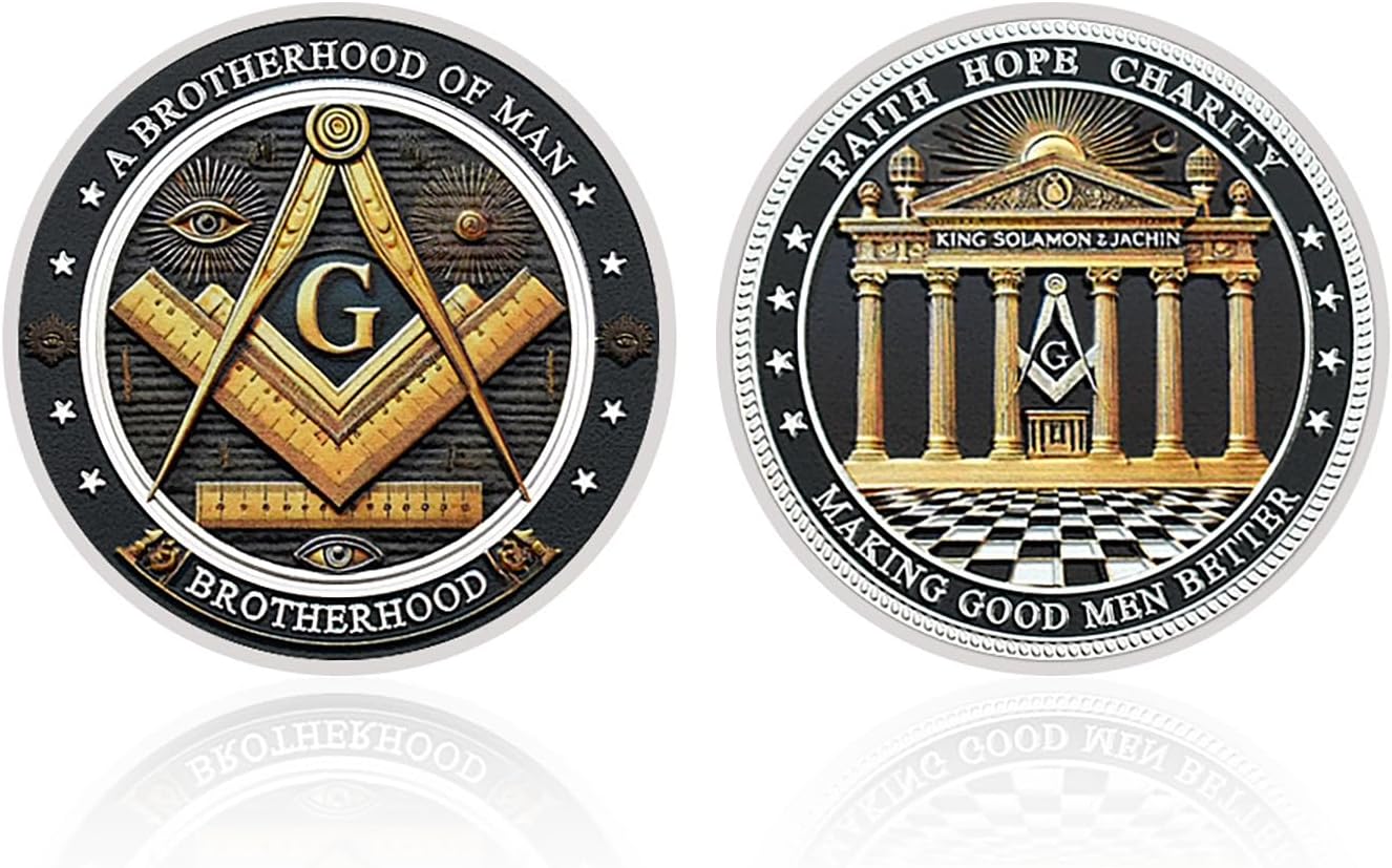Freemasonry Challenge Coin - Brotherhood of Man, Faith Hope Charity, King Solomon Design, 1.57 Inch Coin for Masonic Gifts and Symbolic Meaning