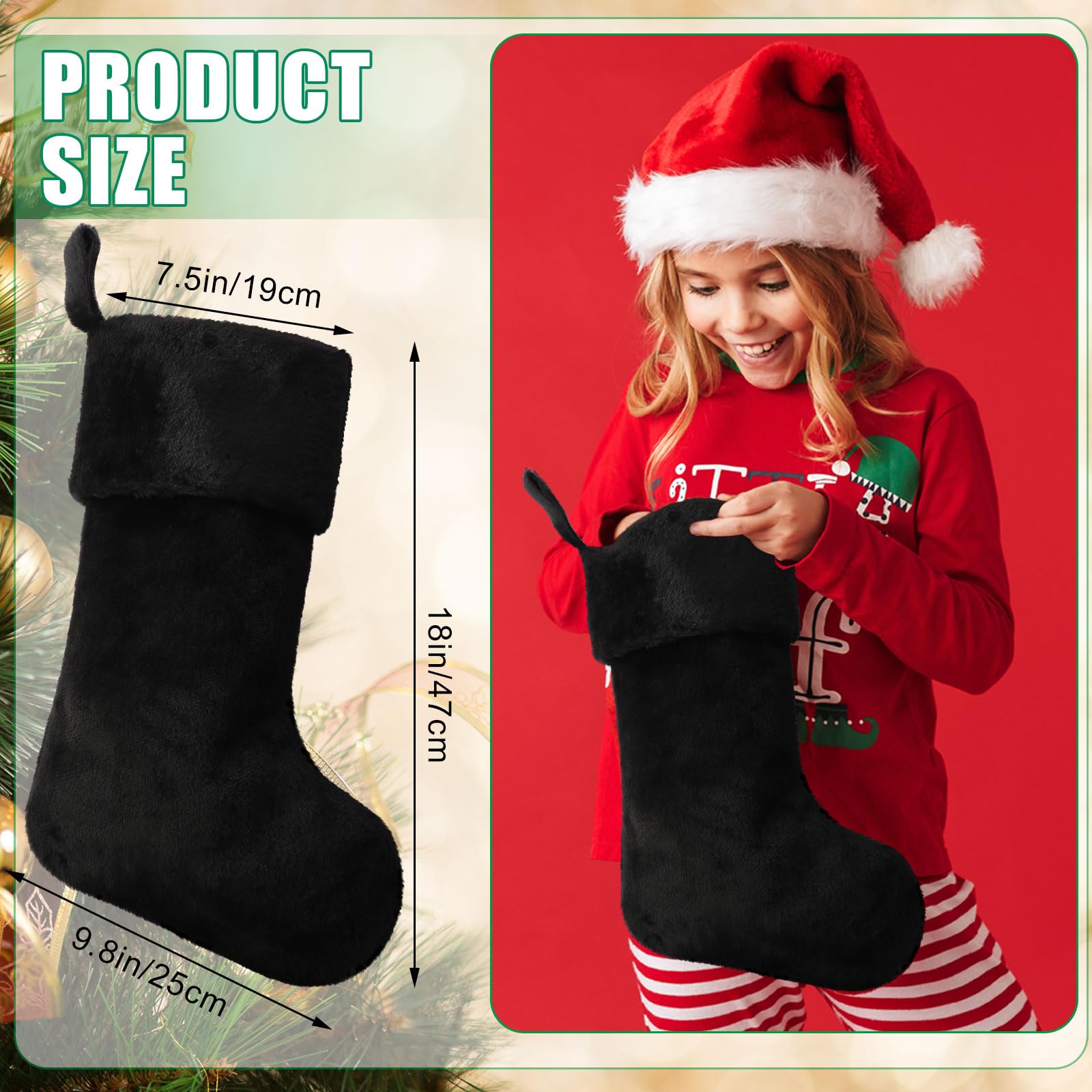 12 Stück schwarze Weihnachtsstrümpfe, 45,7 cm, große Weihnachtsstrümpfe, dicker Plüschstoff, hängende Strümpfe, schwarze Weihnachtsdekorationen für Weihnachten, Urlaub, Familie, Party, Baum,