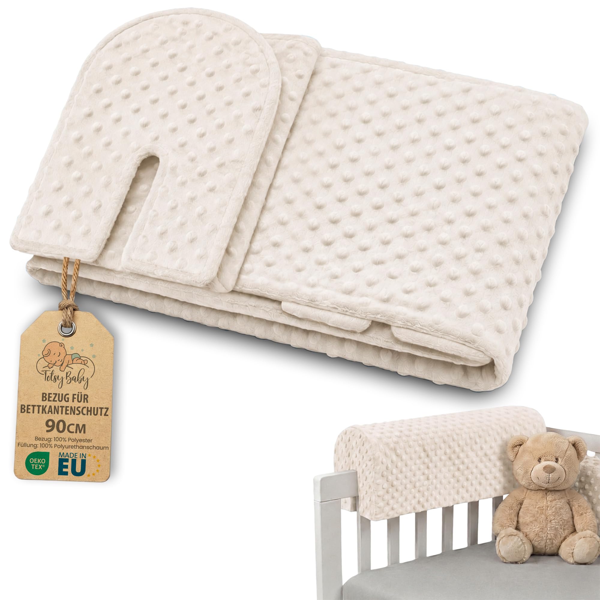 Totsy Baby Funda para protección de Bordes de Cama para cunas Infantiles 90 cm - Protección para armazón de Cama protección contra caídas somier barandilla de Cama Certificado Oeko-Tex Beige Claro