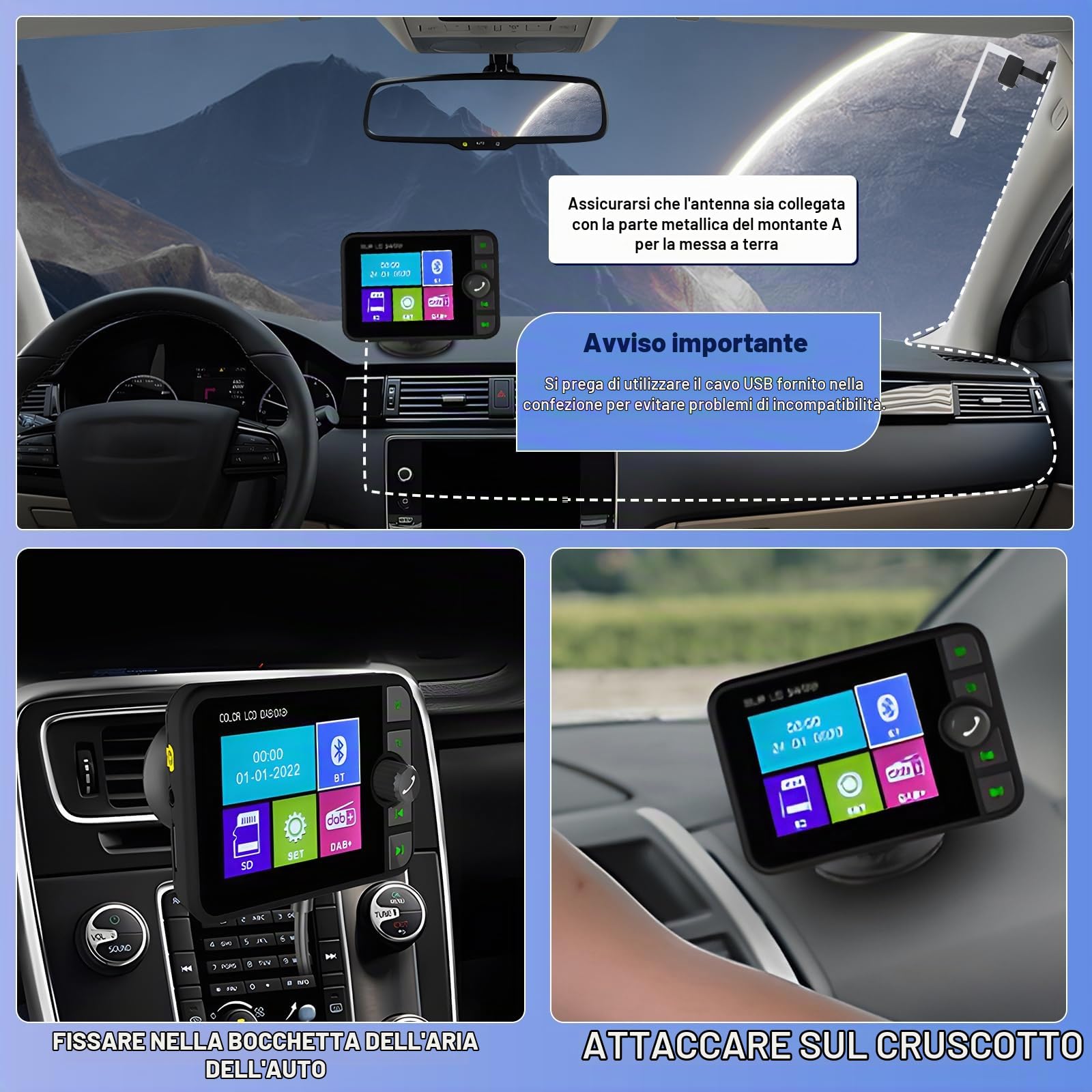 Inefala Adattatore radio digitale DAB DAB+ per autoradio, 2,4 pollic display LCD da con Music Bluetooth+Trasmettitore DAB/FM+Aux-In/Out+TF Card Music Play+Caricatore da Auto