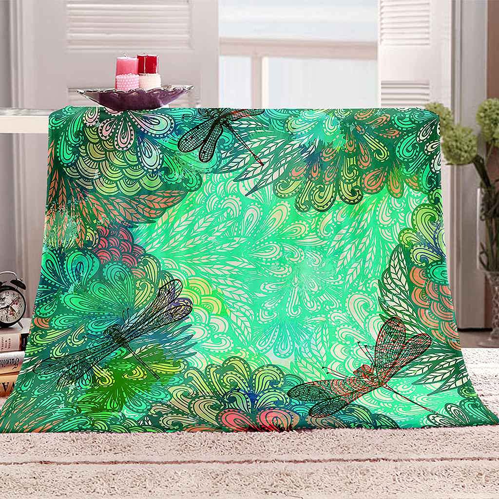 Plaid libellule fleur verte pour cocooning sur canapé et lit toutes saisons