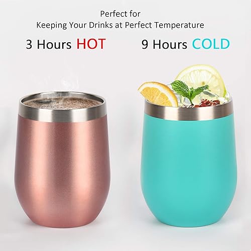 Miniatura 5 de Paquete de 6 vasos de vino de acero inoxidable con tapa y pajilla, 12 onzas, doble pared aislada al vacío, juego de 6 copas de vino sin tallo para