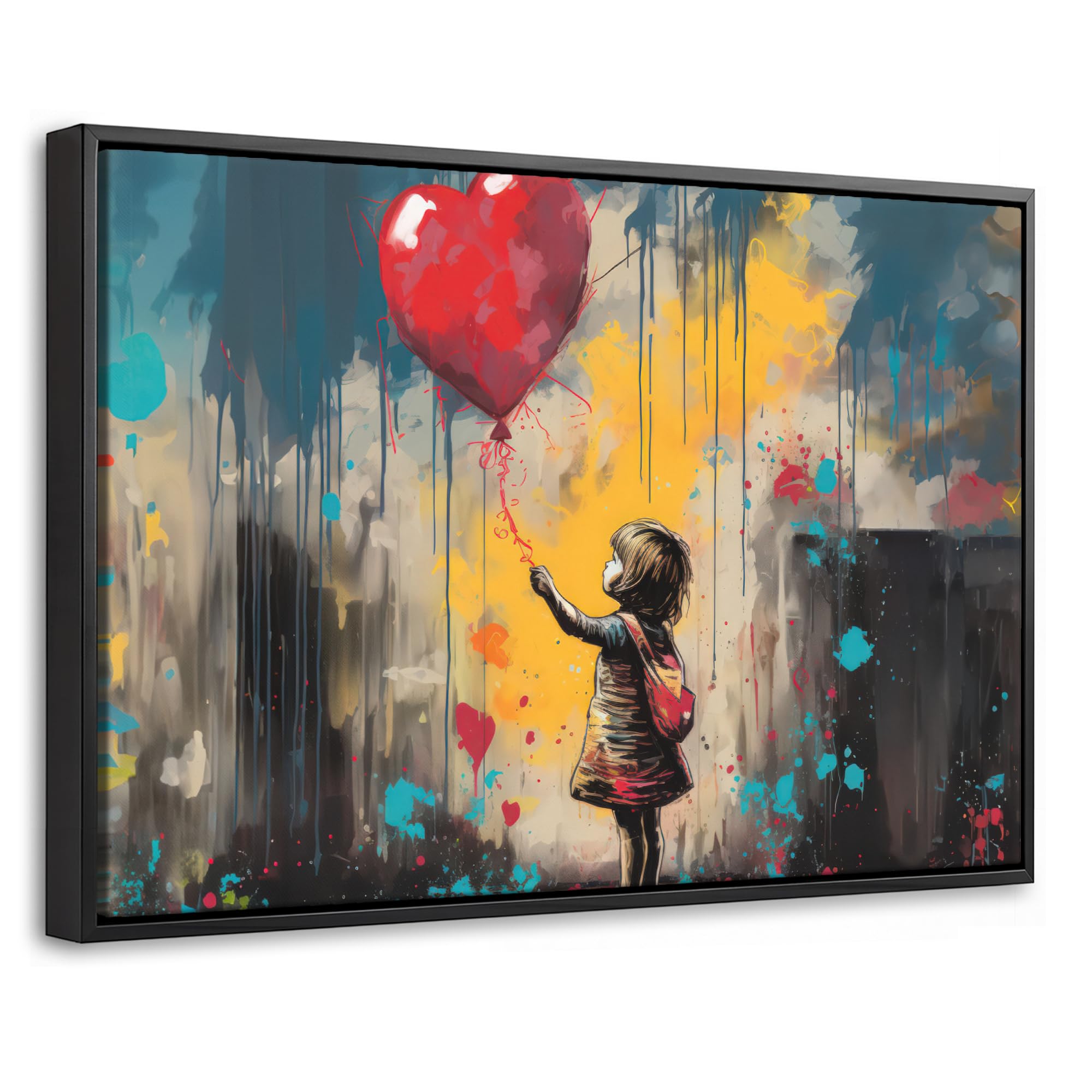 OnlyWow© Lienzo Con Marco De Madera 30x20 cm Cuadros Decorativos Salon Modernos Dormitorio Lienzos Canvas Living Room Wall Art Pasillo Chica - Globo - Corazón - Graffiti