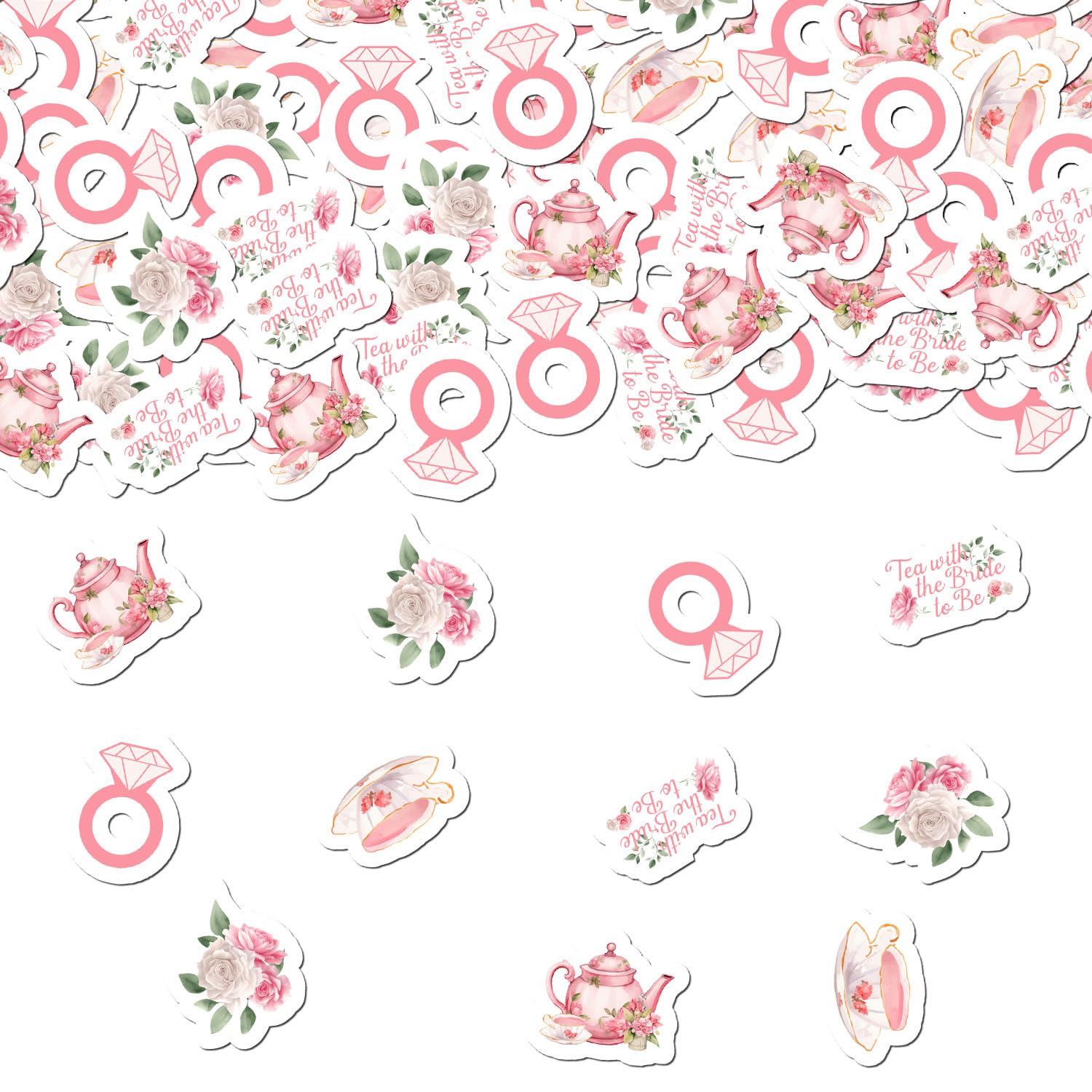 Confeti para fiesta de té, tiempo para el té con la futura novia, confeti, taza de té, tetera de papel, diseño floral rosa, decoración de mesa de despedida de soltera, para una novia que está