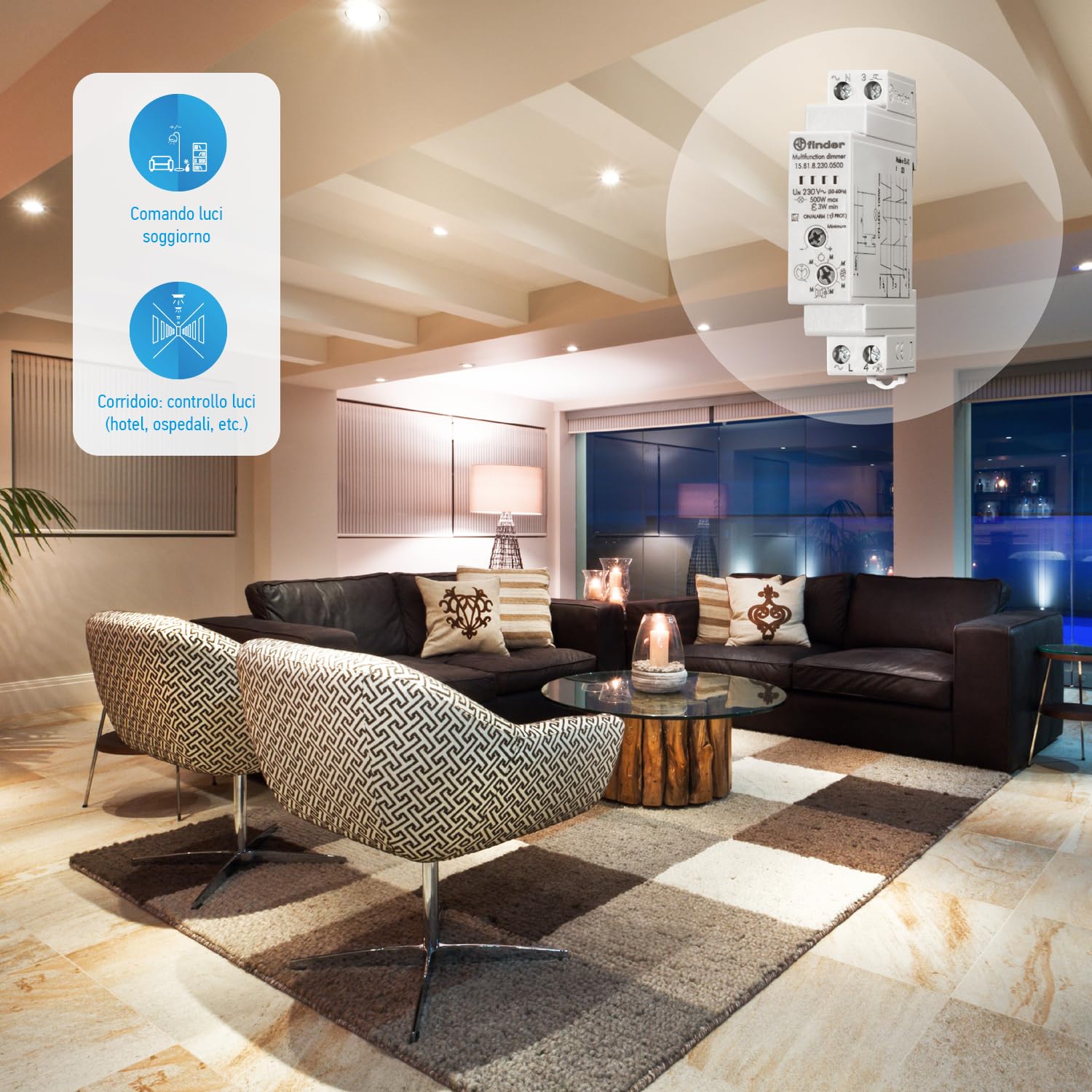 Finder Dimmer (varialuce) Elettronico Tipo 15.81 modulare. Compatibile con lampade a risparmio energetico, compatte fluorescenti dimmerabili (CFL) o LED dimmerabili