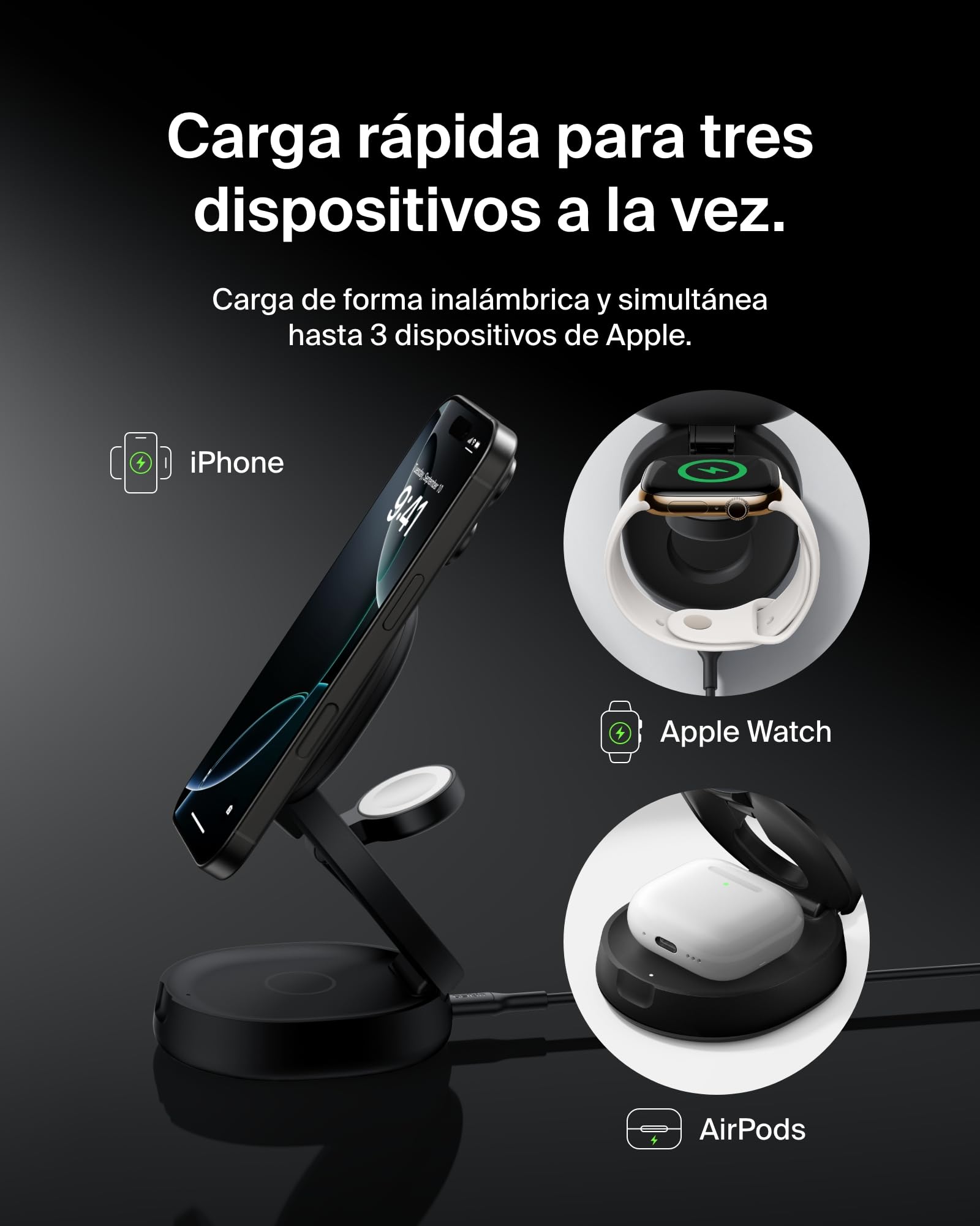 Belkin BoostCharge Cargador Inalámbrico Compatible con MagSafe, Estación de Carga Inalámbrica 3 en 1 de 15W, Certificación Qi2, iPhone 17, Air, Pixelsnap, Apple Watch y AirPods, Adaptador 36W - Negro