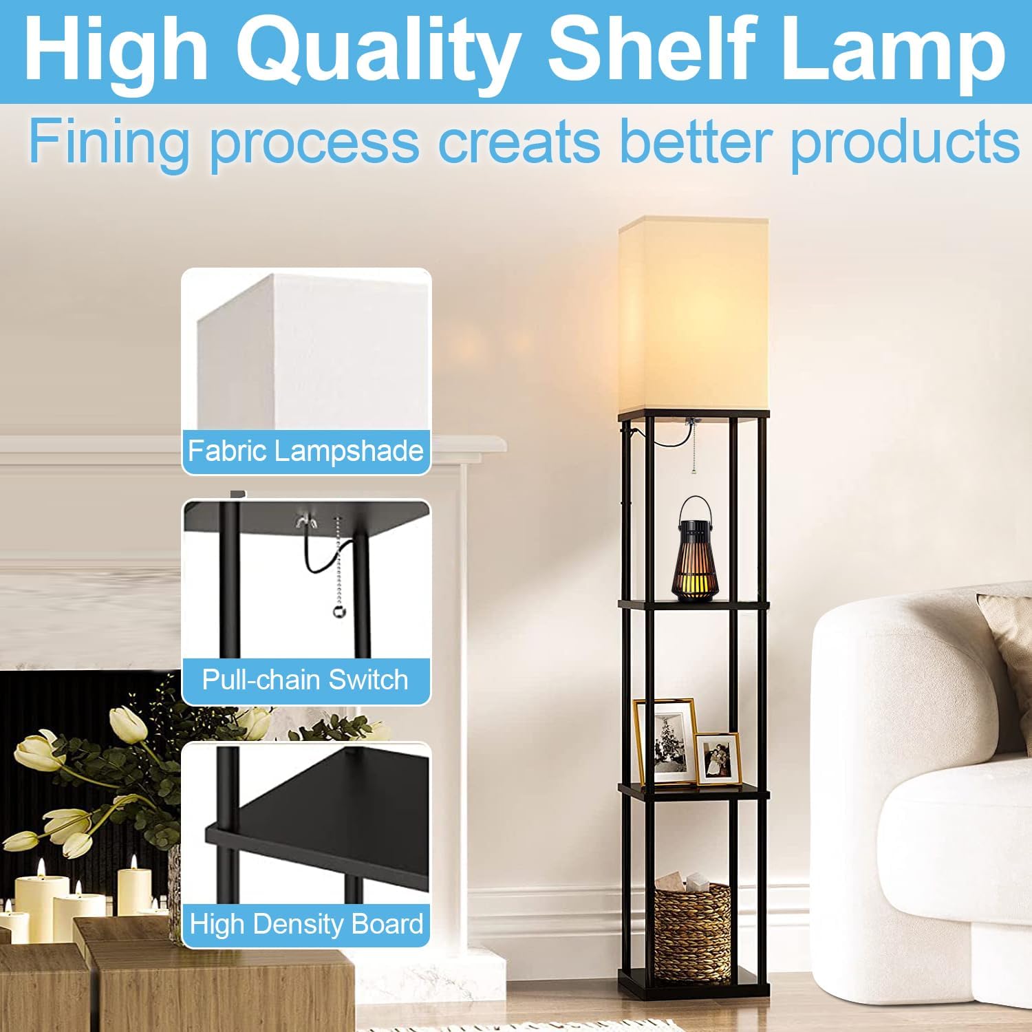 2 Packs Floor Lamp w. Shelves Including 2AC Outlets & 2USB Ports 9W LED Light Bulb 3 Color Temperature Soft/Cool/Daylight White w. 1PC 2 Prong to 3 Prong Adapter for Living Room/Bedroom