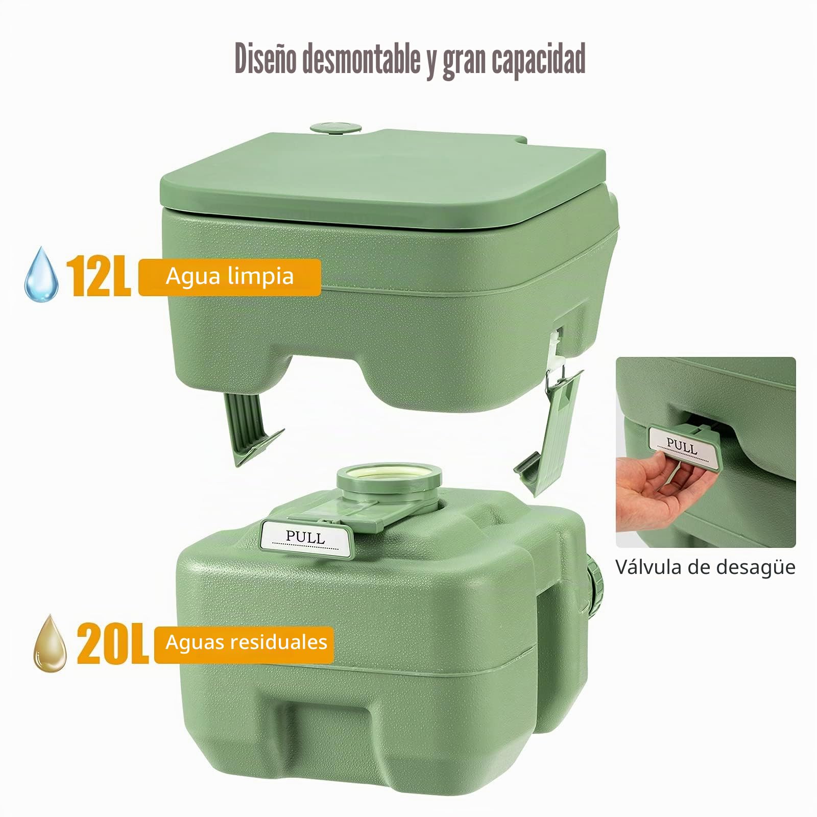 FANTASK Inodoro de camping de 20 L + 12 L con depósito de aguas residuales extraíble, inodoro portátil, de viaje, inodoro móvil (verde)
