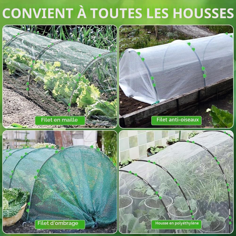 30Pcs Arceau pour Serre Tunnel, Arceaux de Jardin, avec 20 Clips, Tubes de Connexion, Piquets de Sol, Gant et Filet 10m, Arceaux de Support Amovibles en Fibre de Verre pour Plantes d'Extérieur