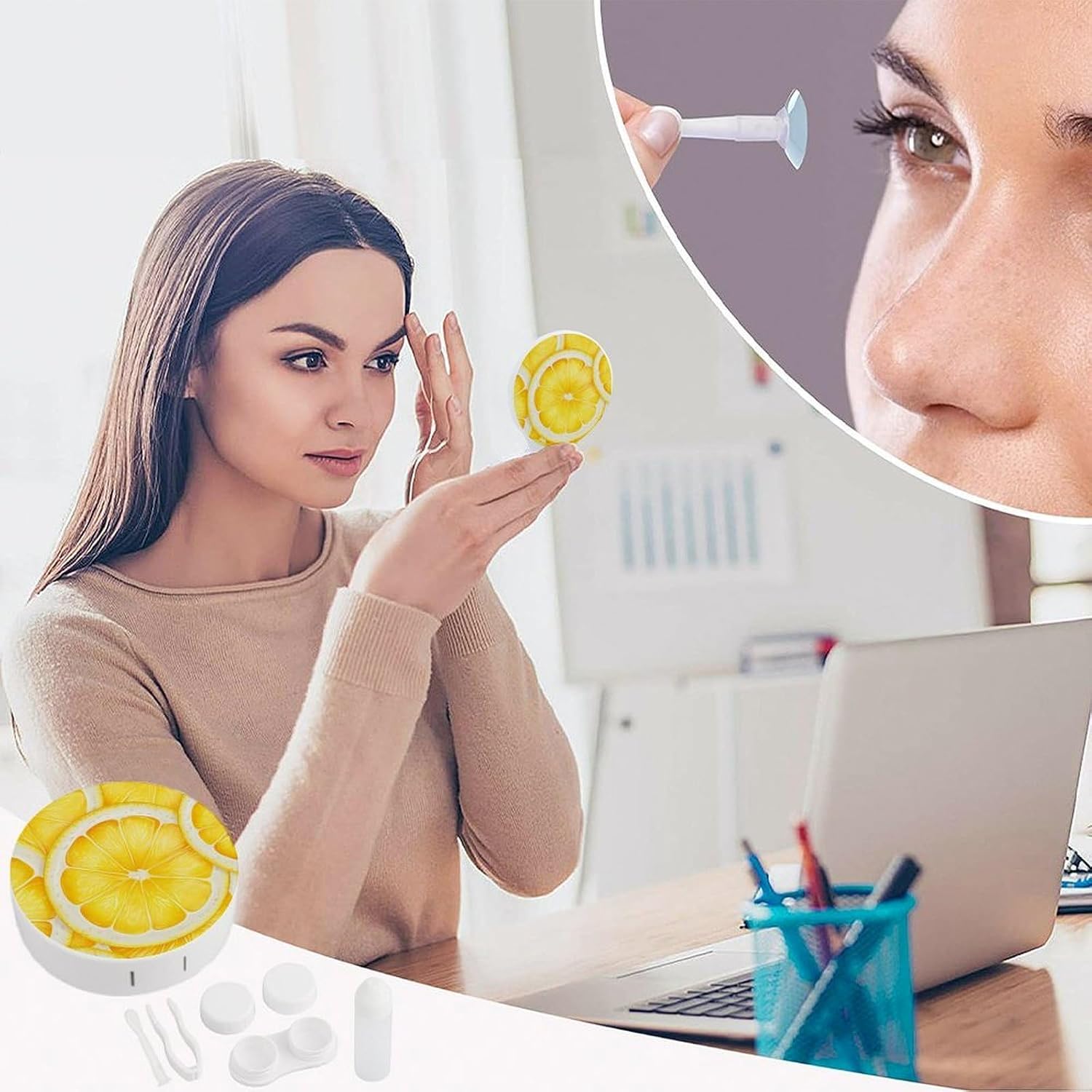 Lemon Slice Pattern Contact Lens Case with Solution Bottle, Portable Contact Lens Box with Mirror, Lenses Applicator Remover Tool Kit for Women Men, Contact Lens Holder Container