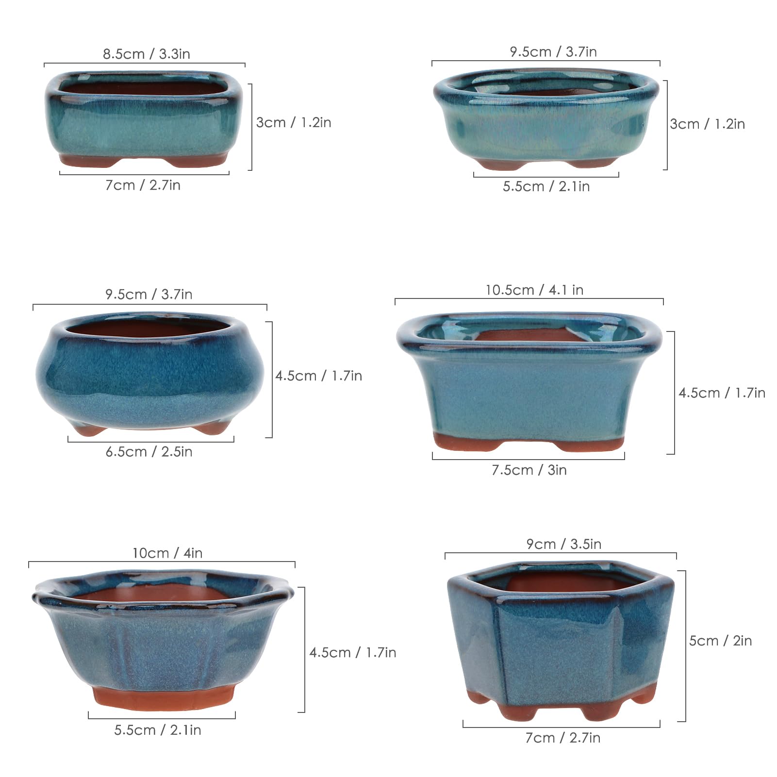 Happy Bonsai 6-teiliges Mini-Töpfe aus glasiertem Glas + 6 weiche Maschen-Drainagesiebe