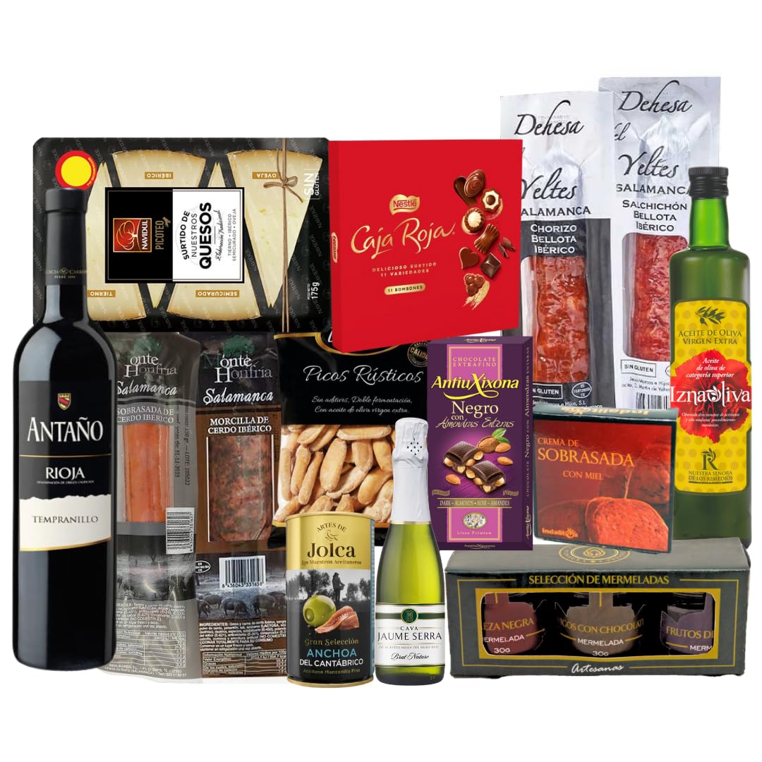 Cesta Gourmet con Ibéricos, Bombones, Chocolate, Vino, Embutidos, Aceite de Oliva Virgen - Regalo Original para Empresa y Particulares