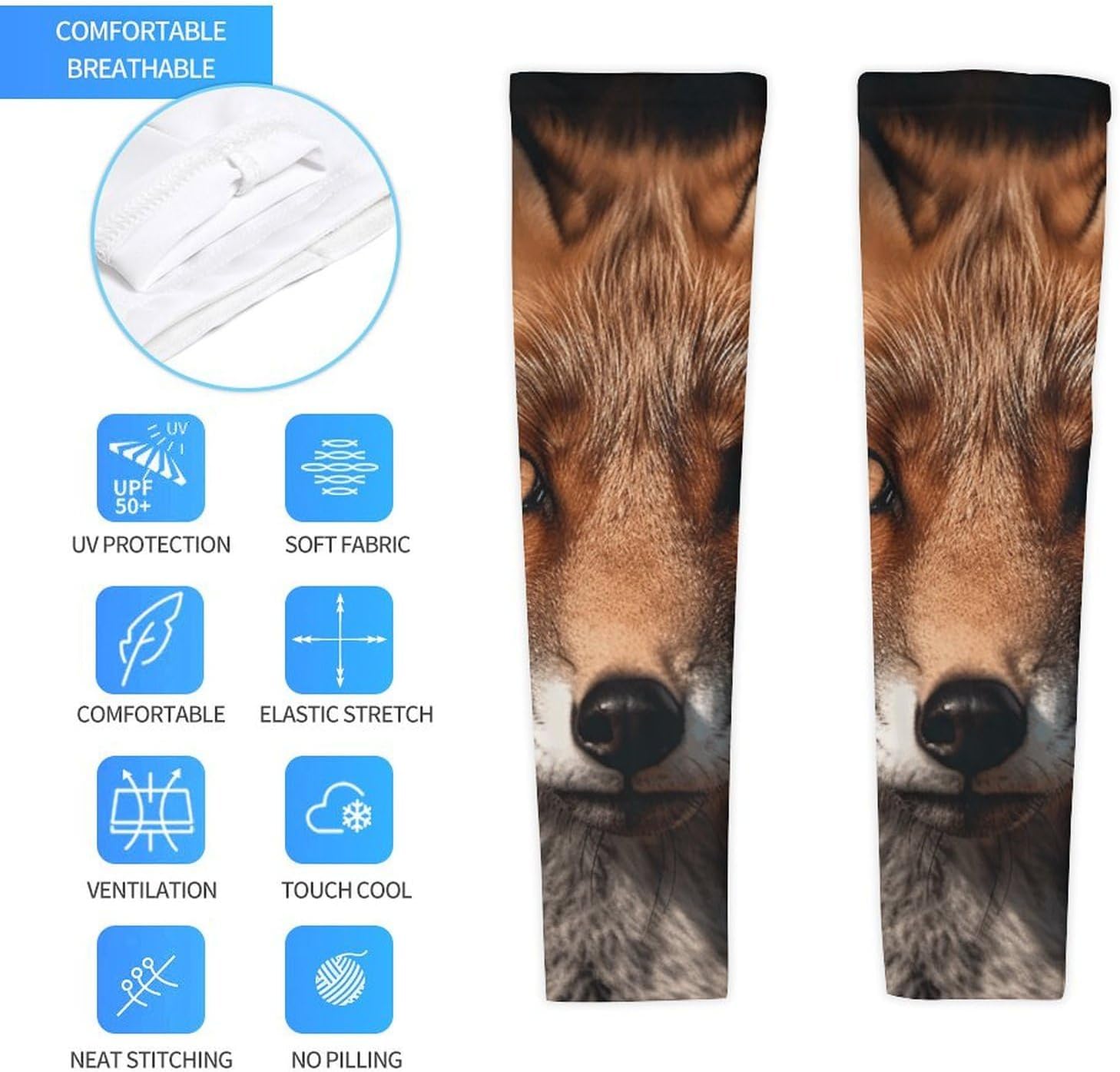UV Sun Protection Cooling Arm Sleeves XX-Large (xx_l), Compression, Soft | Images of Fox Arm Covers for Sport, Breathable, Tattoo Cover Up, Portable Arm Brace for Women Men