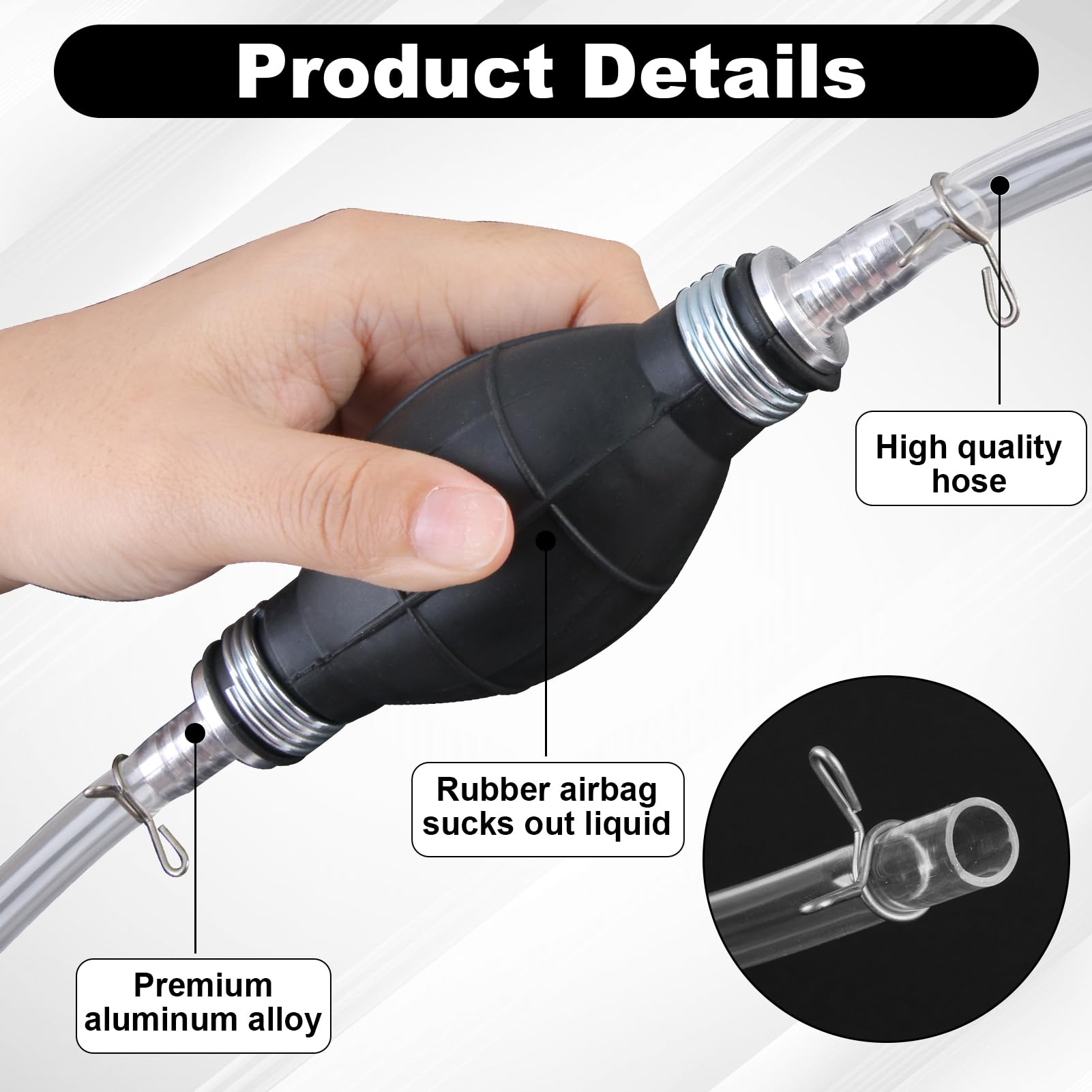 2m Fuel Syphon Pump Kit, Manual Hand Siphon Hose Portable Fuel Transfer with Non-Slip Rubber Bulb & 1.2m+0.8m PVC Tubes for Petrol, Diesel, Oil, Water, Fish Tank, Car, Boats — view 3