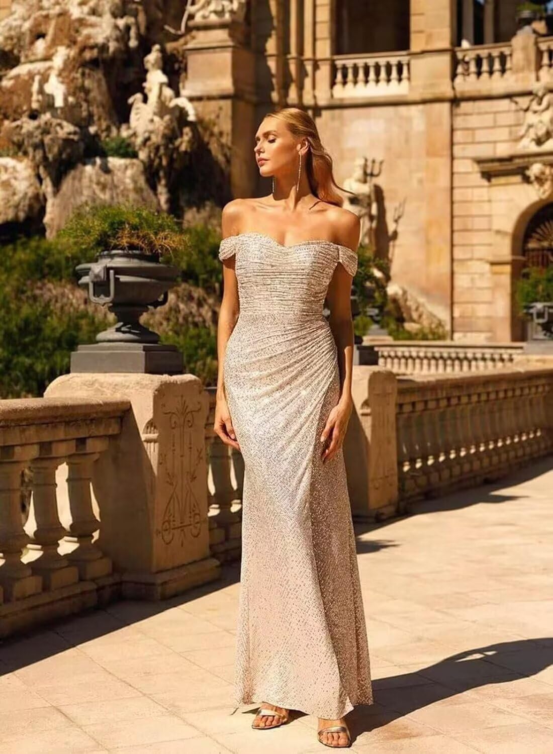 Off The Shoulder Prom Dresses for Women Mermaid Sparkly Sequin Evening Party Dress Long Formal Gown with Slit - Image 3