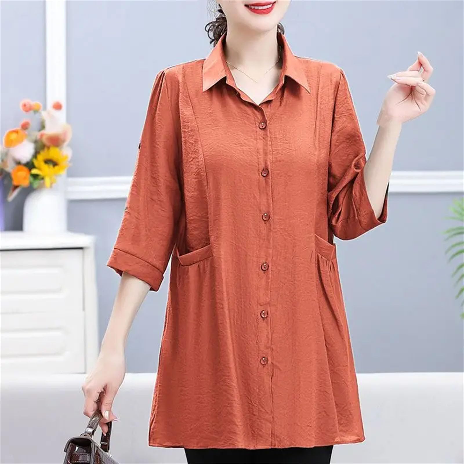 Camicetta da donna casual tinta unita midi monopetto colletto rovesciato maniche 3/4 tasche camicetta