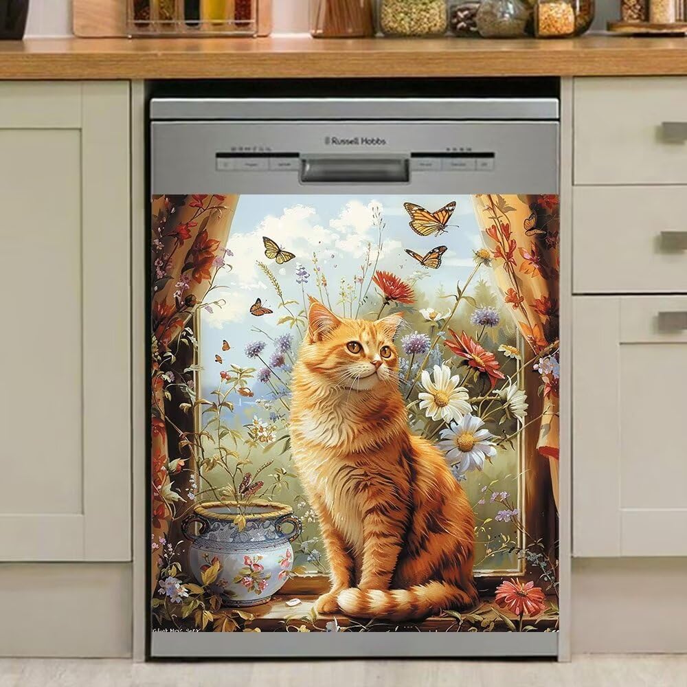 Cat Dishwasher Cover Front Door Magnetic Sticker for Dishwasher, Retro Window Flower and Butterfly Dish Washer Magnet Cover,Fridge Magnets Home Appliance Vinyl Panel Sticker 23Wx26H