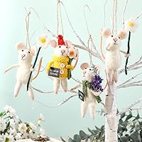 Hahafelt 4pcs Handmade Spring Felt Mice Ornaments with Lavender Daisies - Wool Felt Mouse Family Easter Hanging Decor, 3.94"
