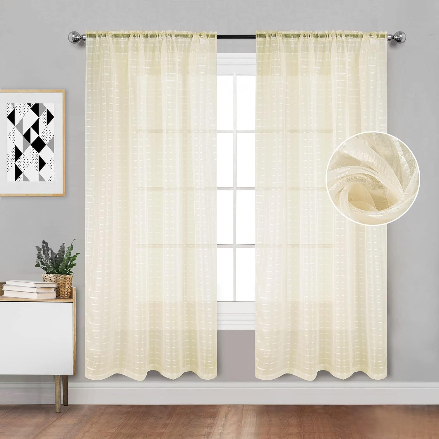 Tony's collection 2 Panels Set Beige Plaid Sheer Curtains-84 Inch Length for Bedroom Living Room, Light Filtering Rod Pocket Window Curtain for Kid's Room(34x84 inch, Check Beige, 2 Panels) Check/Beige 34"W x 84"L (Pack of 2)