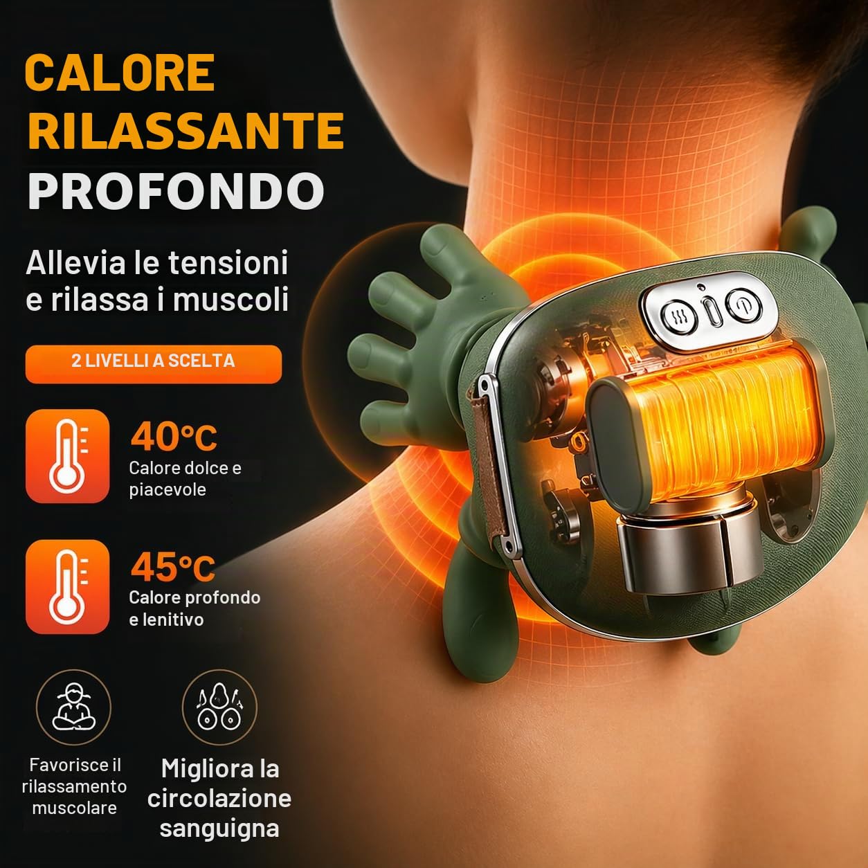 Massaggiatore Cervicale e per Spalle Elettrico – Massaggio Shiatsu Profondo con Calore, 3 Intensità e 2 Livelli di Riscaldamento – Senza Fili Ricaricabile 2000 mAh – Per Collo, Schiena, Spalle e Gambe