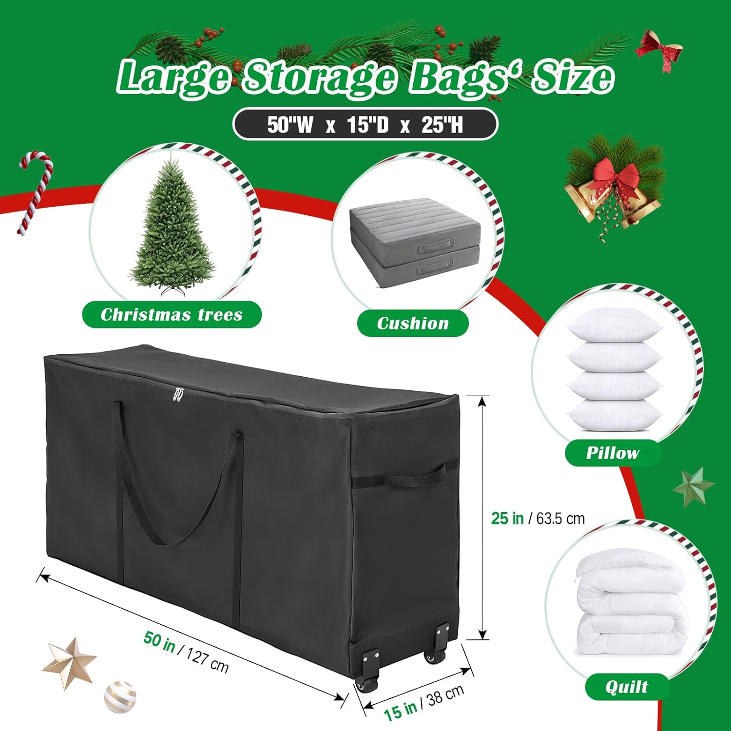 7.5 ft Rolling Christmas Tree Storage Bag with Wheels, Outdoor 600D Cushion Storage Bag, Waterproof Zippered Patio Cushion Furniture Storage 50x15x25 Inch, Black