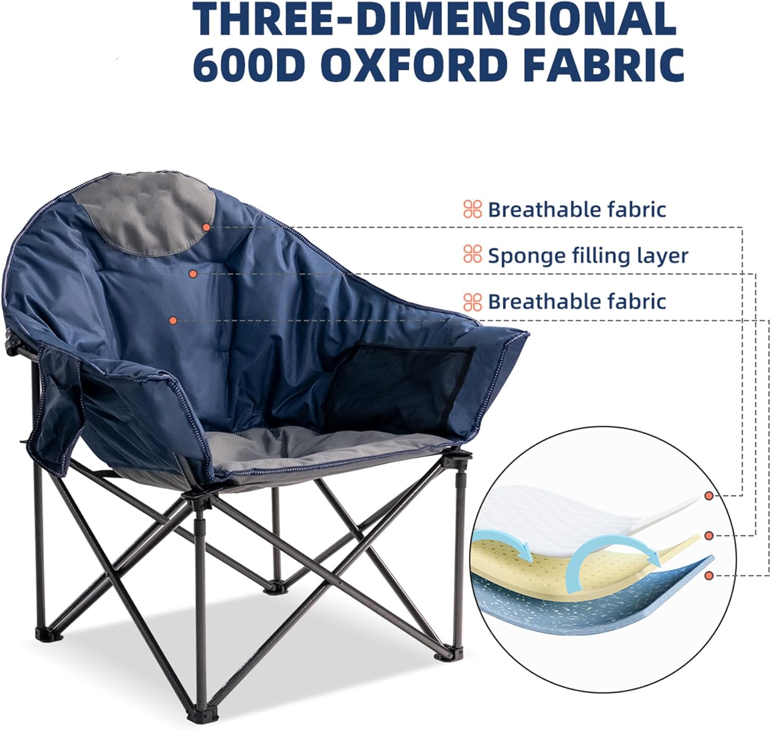 Oversized Camping Chair with Cup Holder & Carry Bag - 500lbs Heavy Duty Moon Saucer Chair for Outdoor, Lawn, Sports, Patio - Padded Folding Sofa Chair, Blue & Gray - Image 8